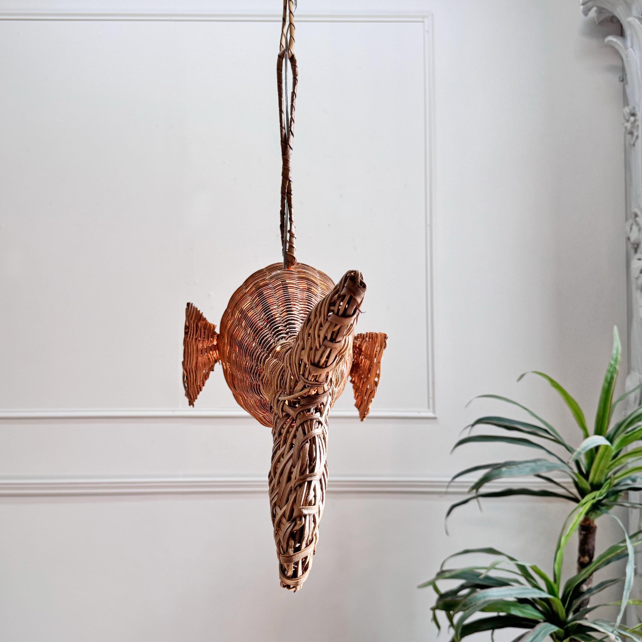 Rare Mid Century French Wicker Fish Ceiling Light 10