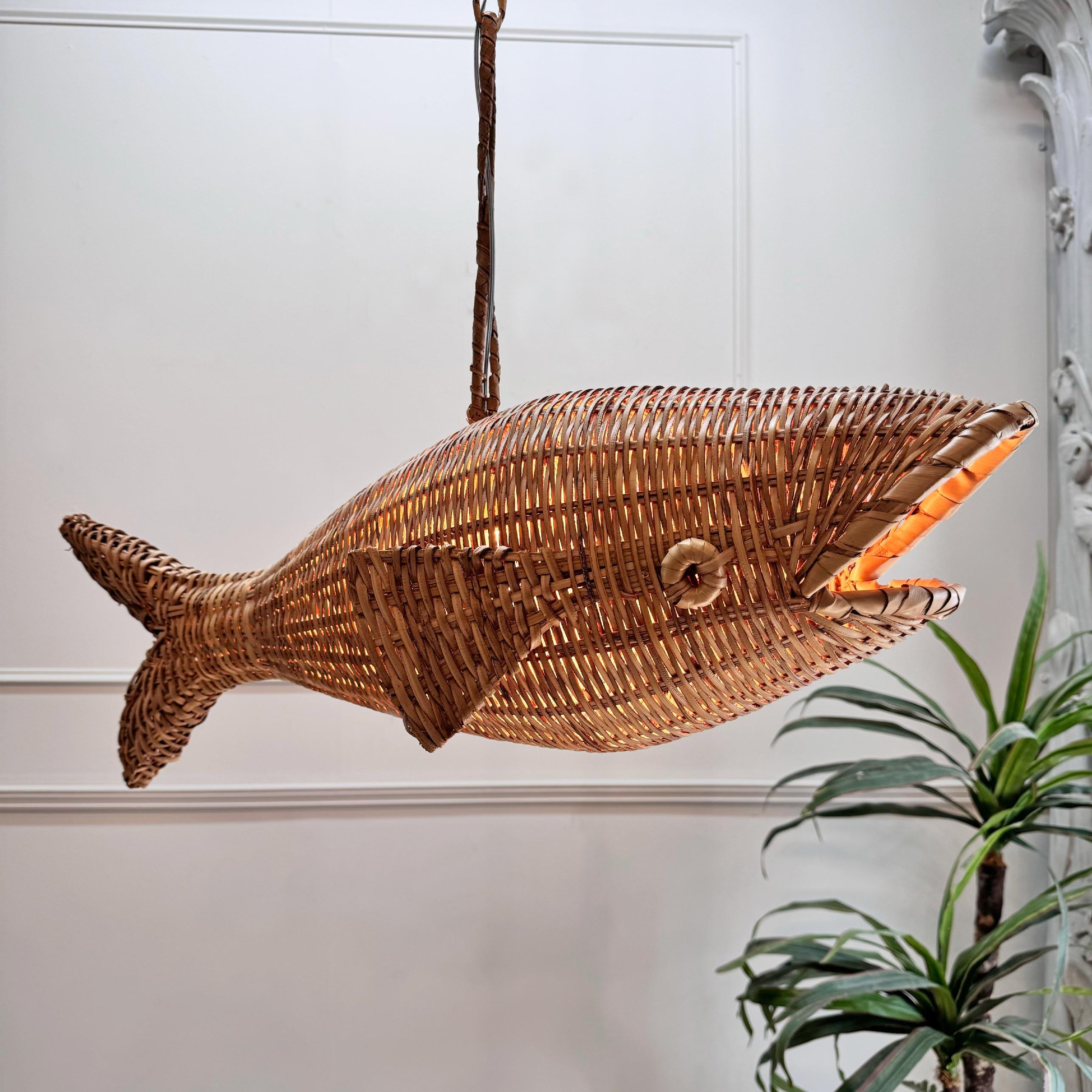 Rare Mid Century French Wicker Fish Ceiling Light 11