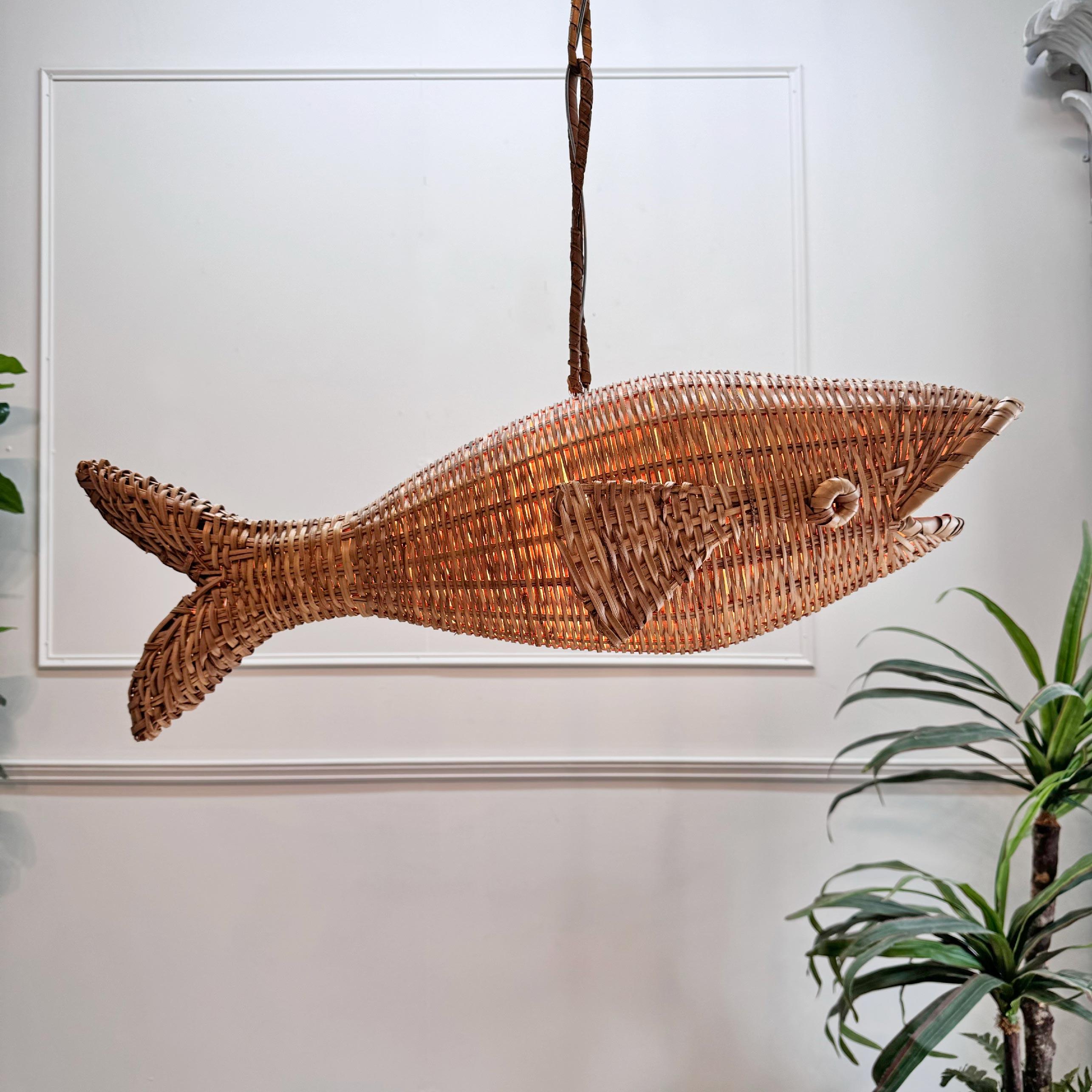 Rare Mid Century French Wicker Fish Ceiling Light 13