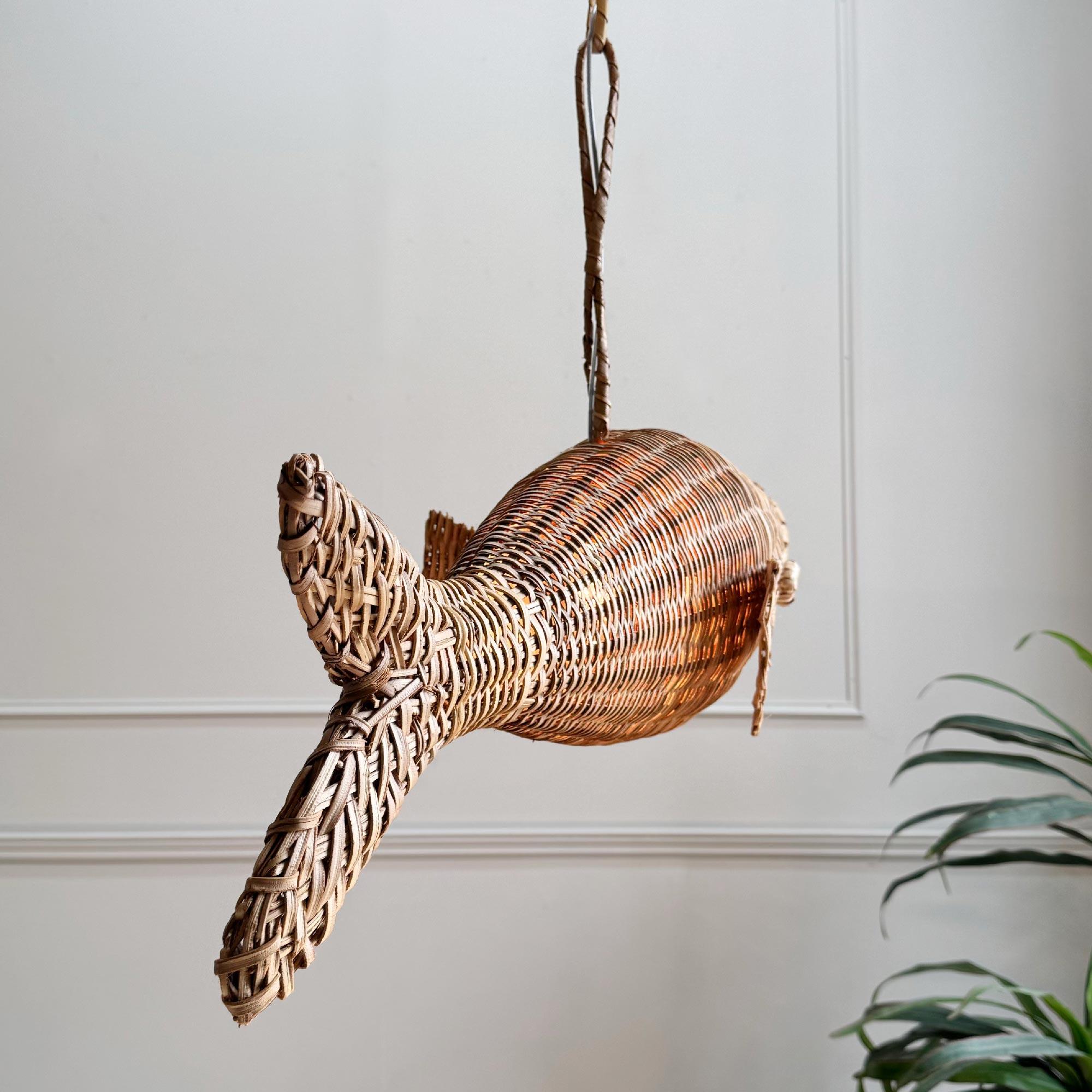 Rare Mid Century French Wicker Fish Ceiling Light 14