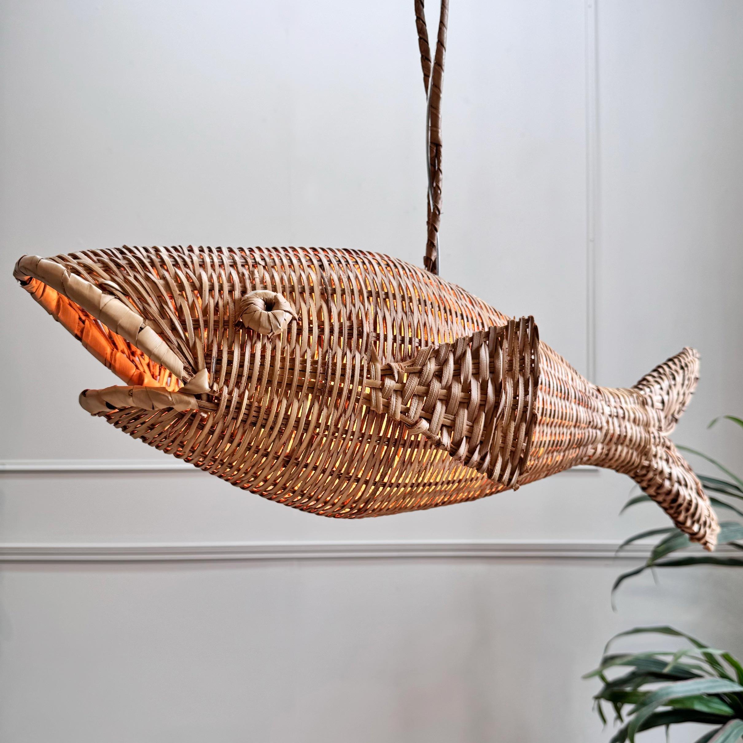 Mid-Century Modern Rare Mid Century French Wicker Fish Ceiling Light