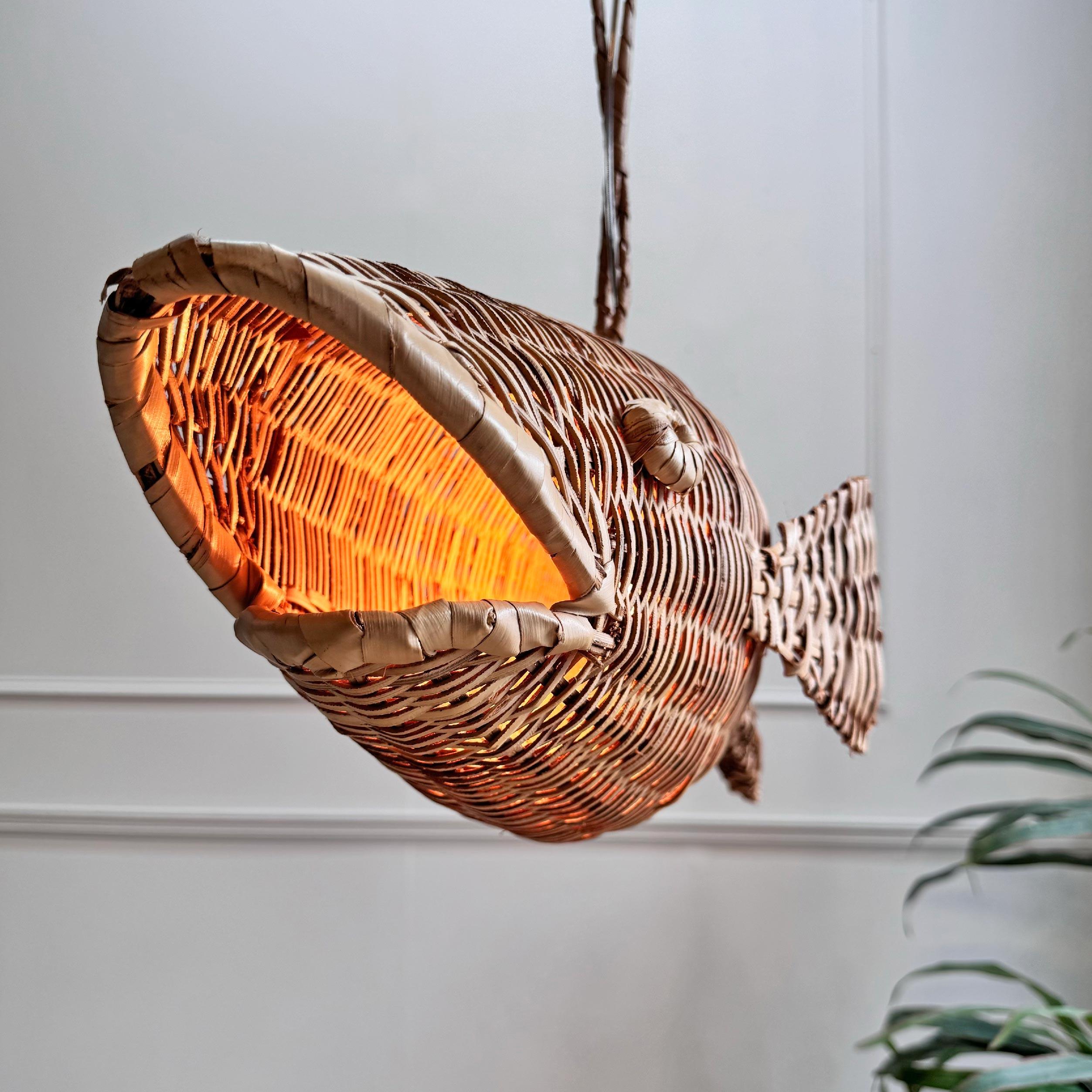 Hand-Crafted Rare Mid Century French Wicker Fish Ceiling Light