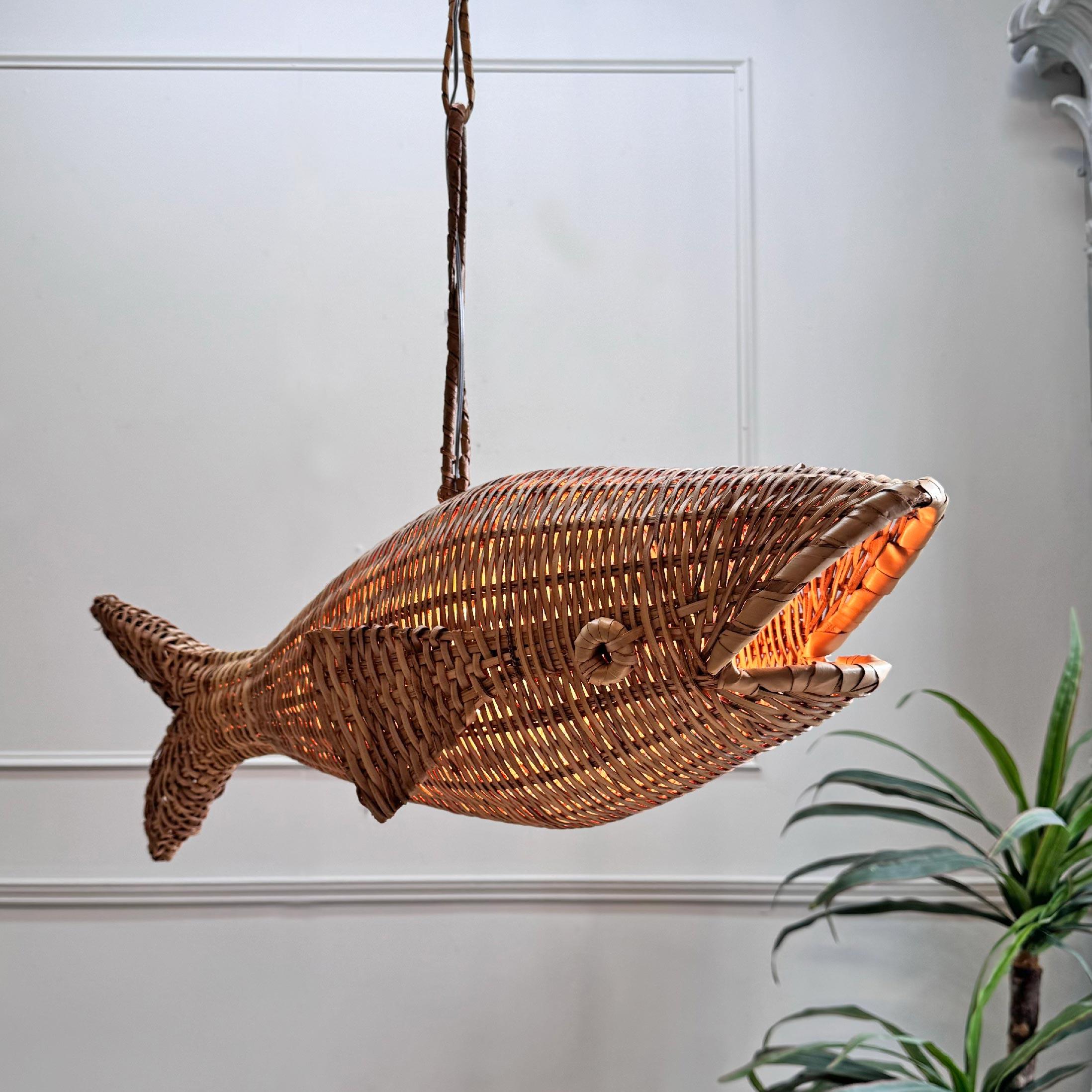 Rare Mid Century French Wicker Fish Ceiling Light In Good Condition In Hastings, GB