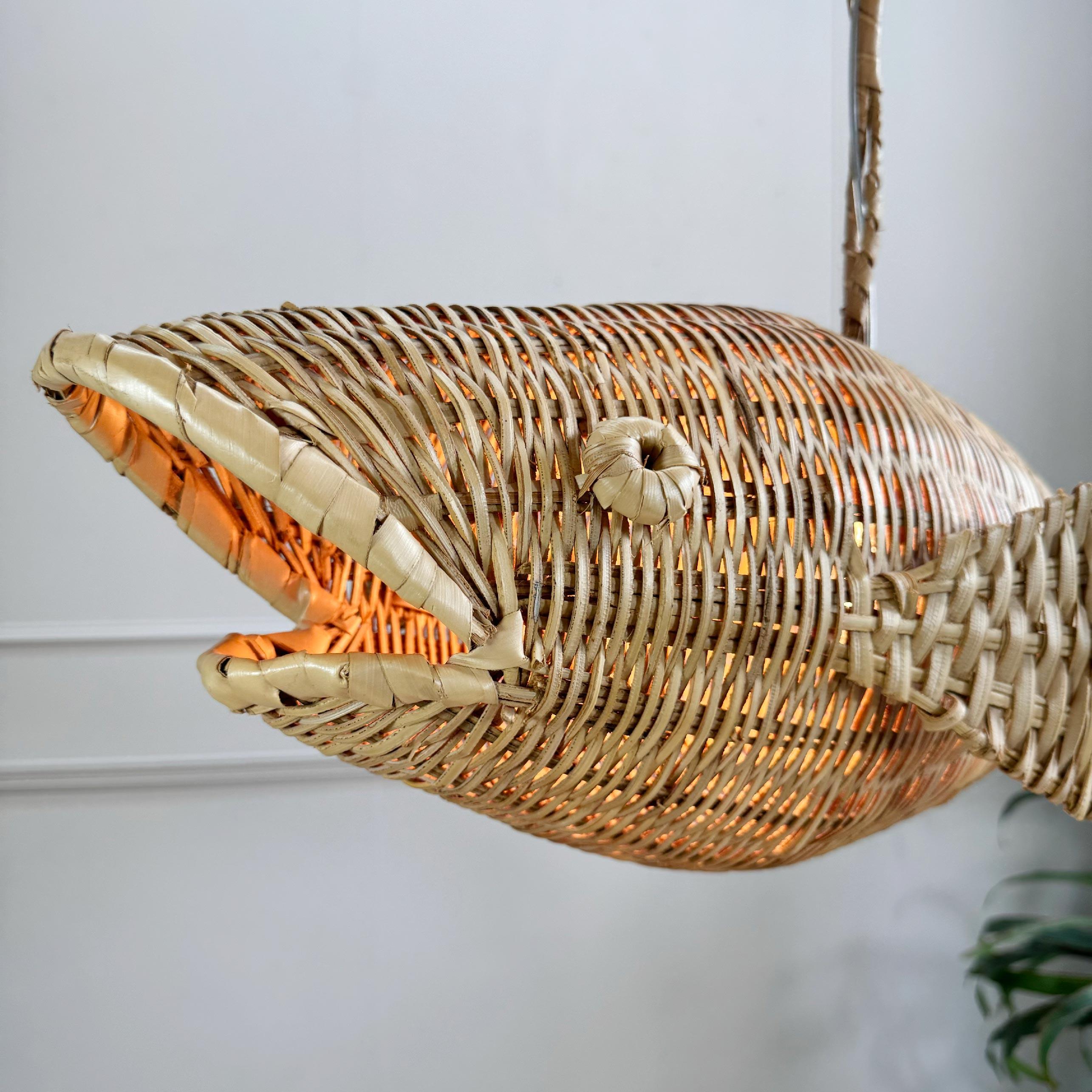 20th Century Rare Mid Century French Wicker Fish Ceiling Light