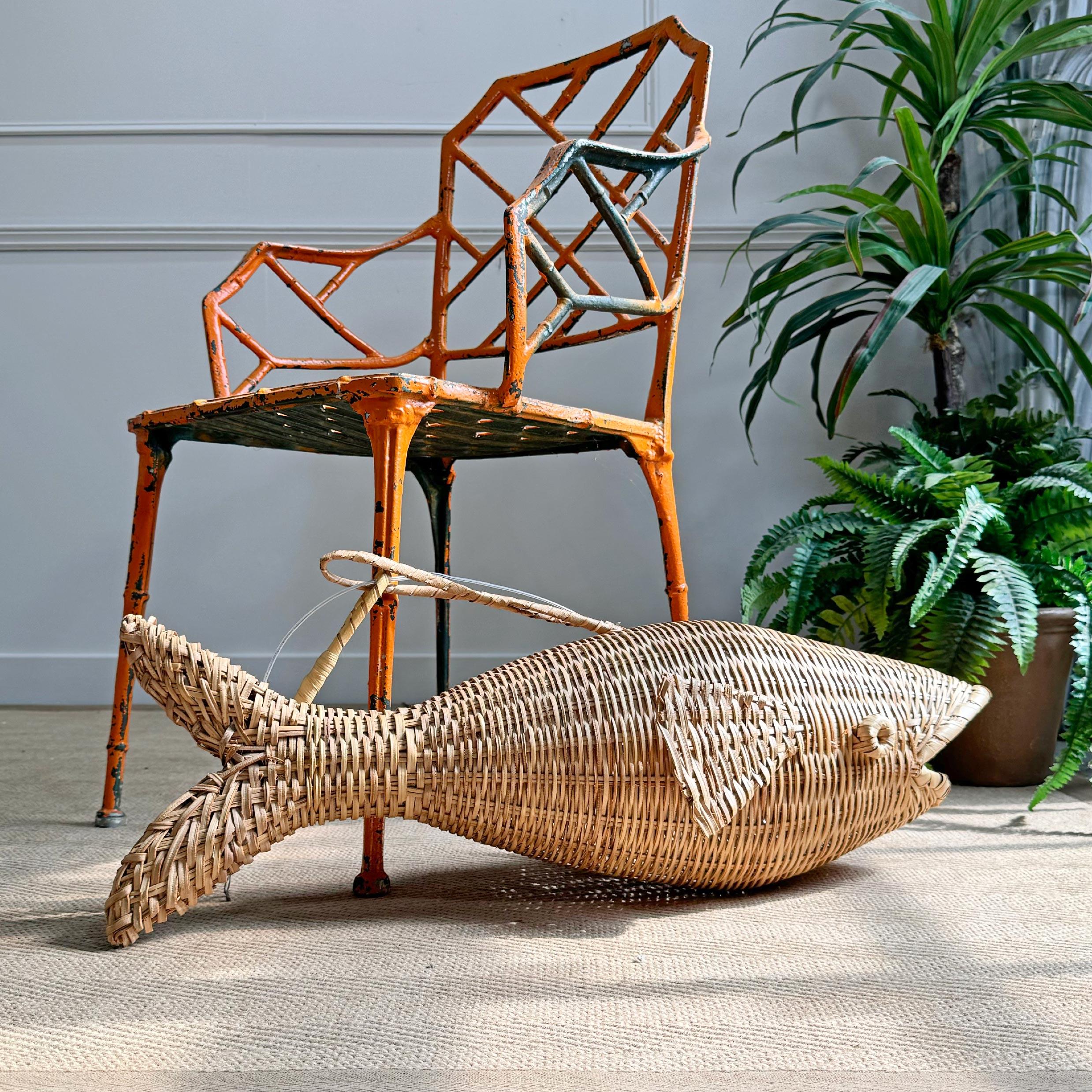 Rare Mid Century French Wicker Fish Ceiling Light 2
