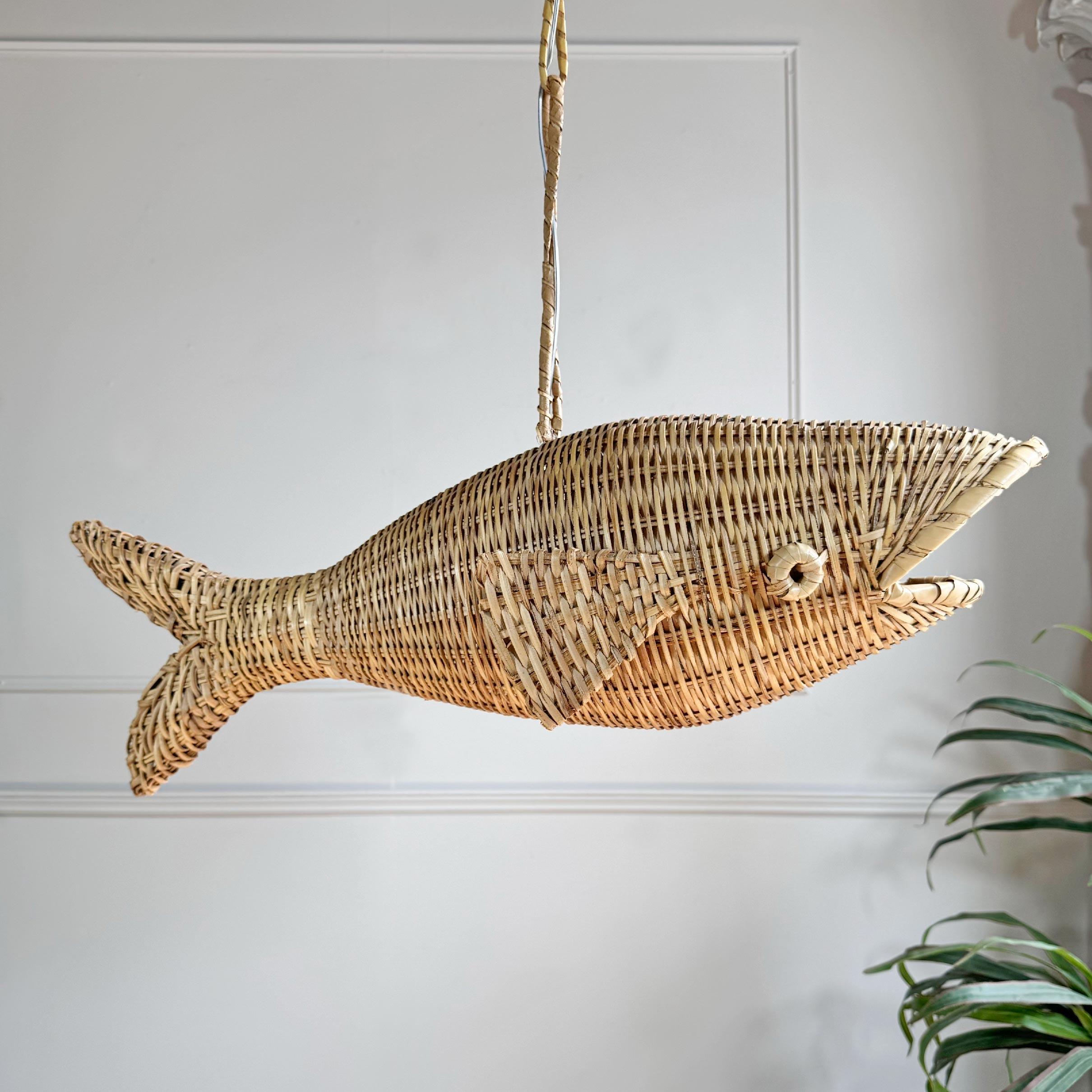 Rare Mid Century French Wicker Fish Ceiling Light 3