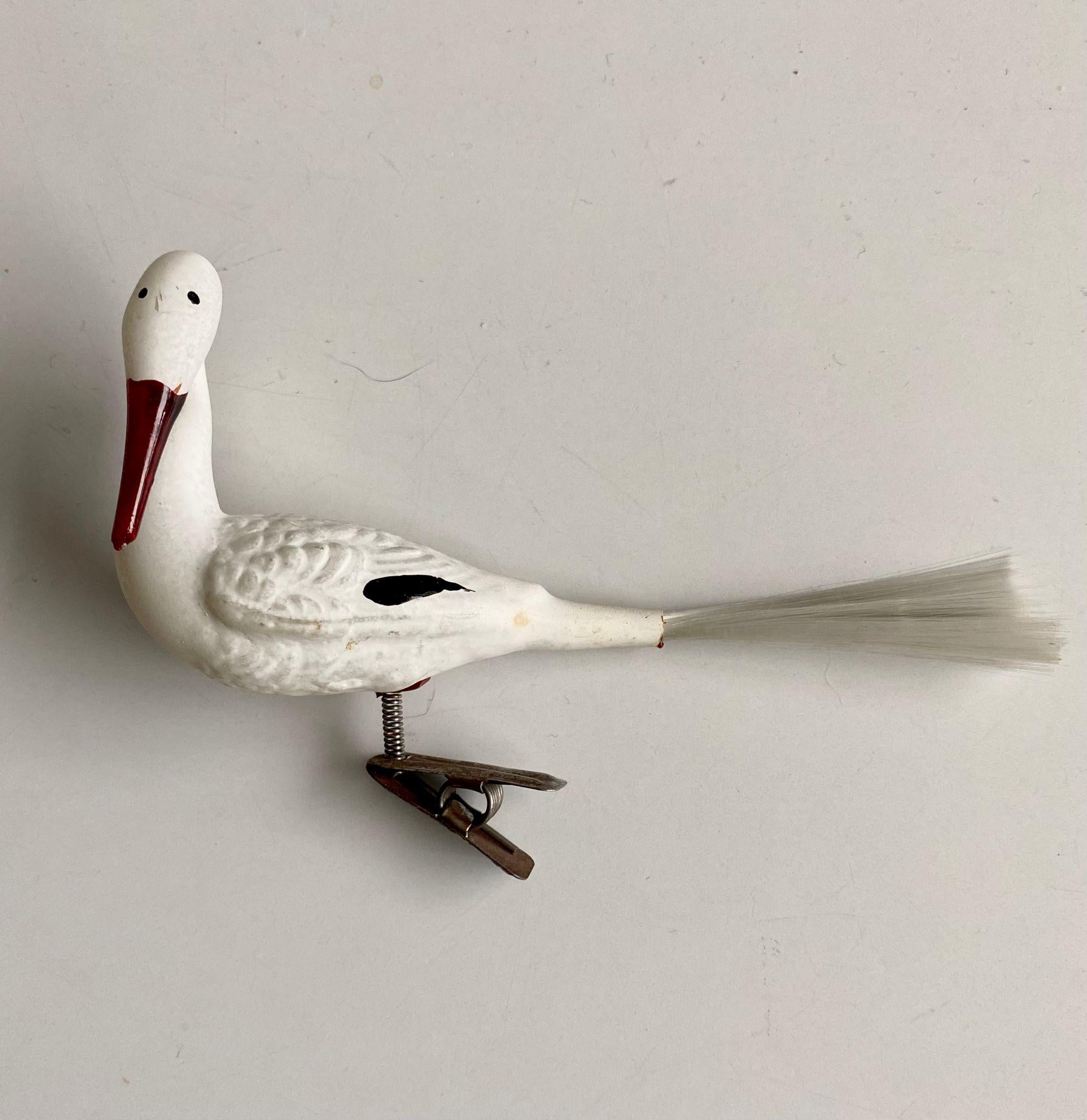Rare vintage glass clip-on Christmas bird, Stork with large tail.
Beautifully decorated and in good condition with normal wear, consisting it's age. True Eye-catching piece!