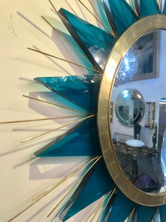 Rare Mid-Century Green Lucite and Brass Sunburst Mirror