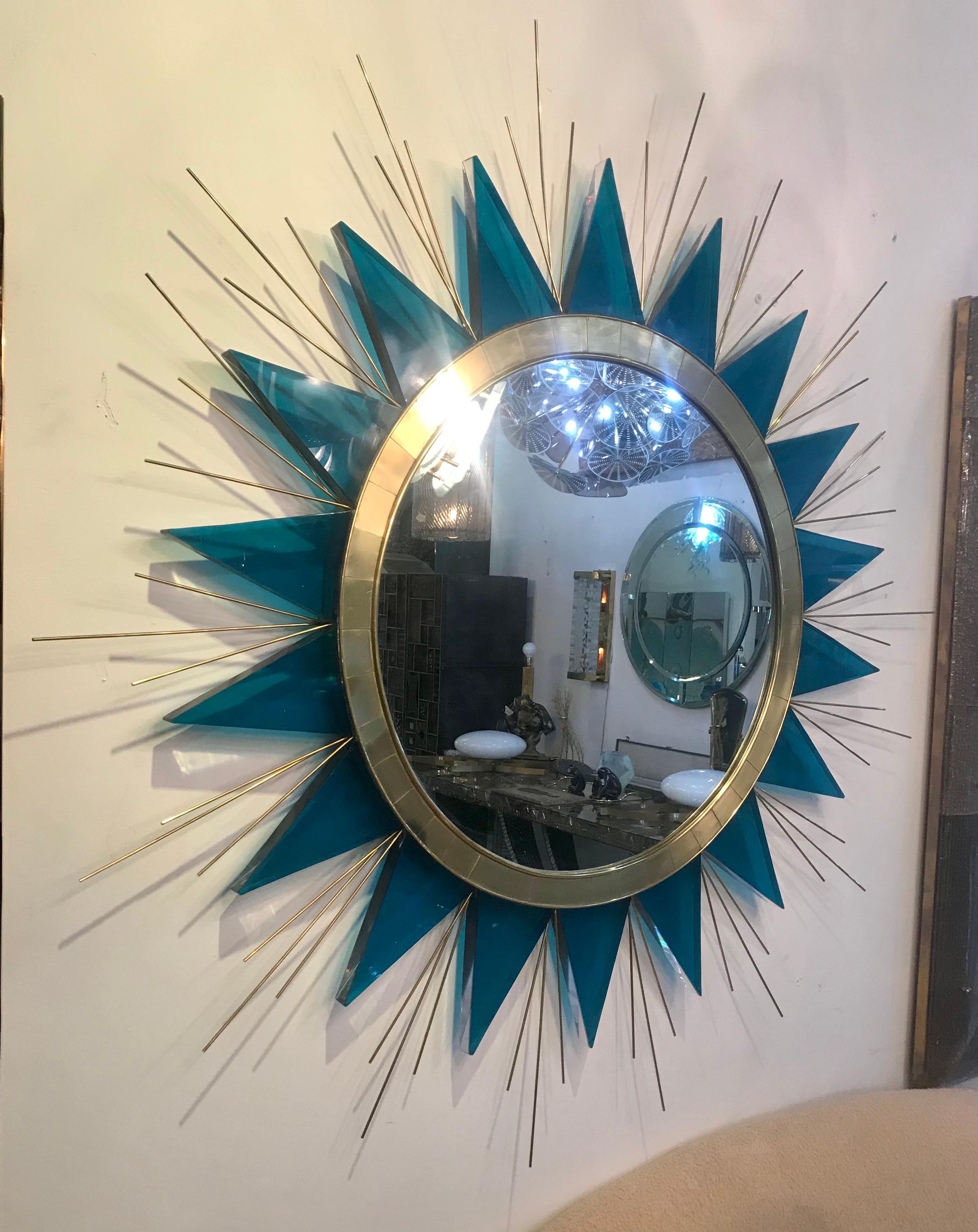 Mid-Century Modern Rare Mid-Century Green Lucite and Brass Sunburst Mirror