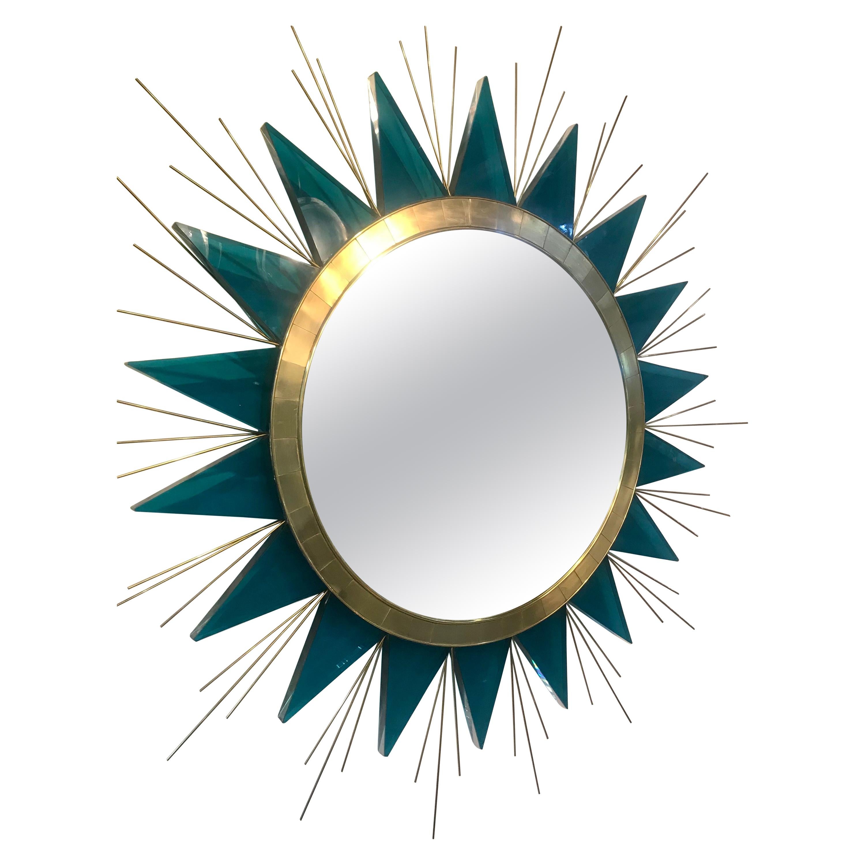 Rare Mid-Century Green Lucite and Brass Sunburst Mirror