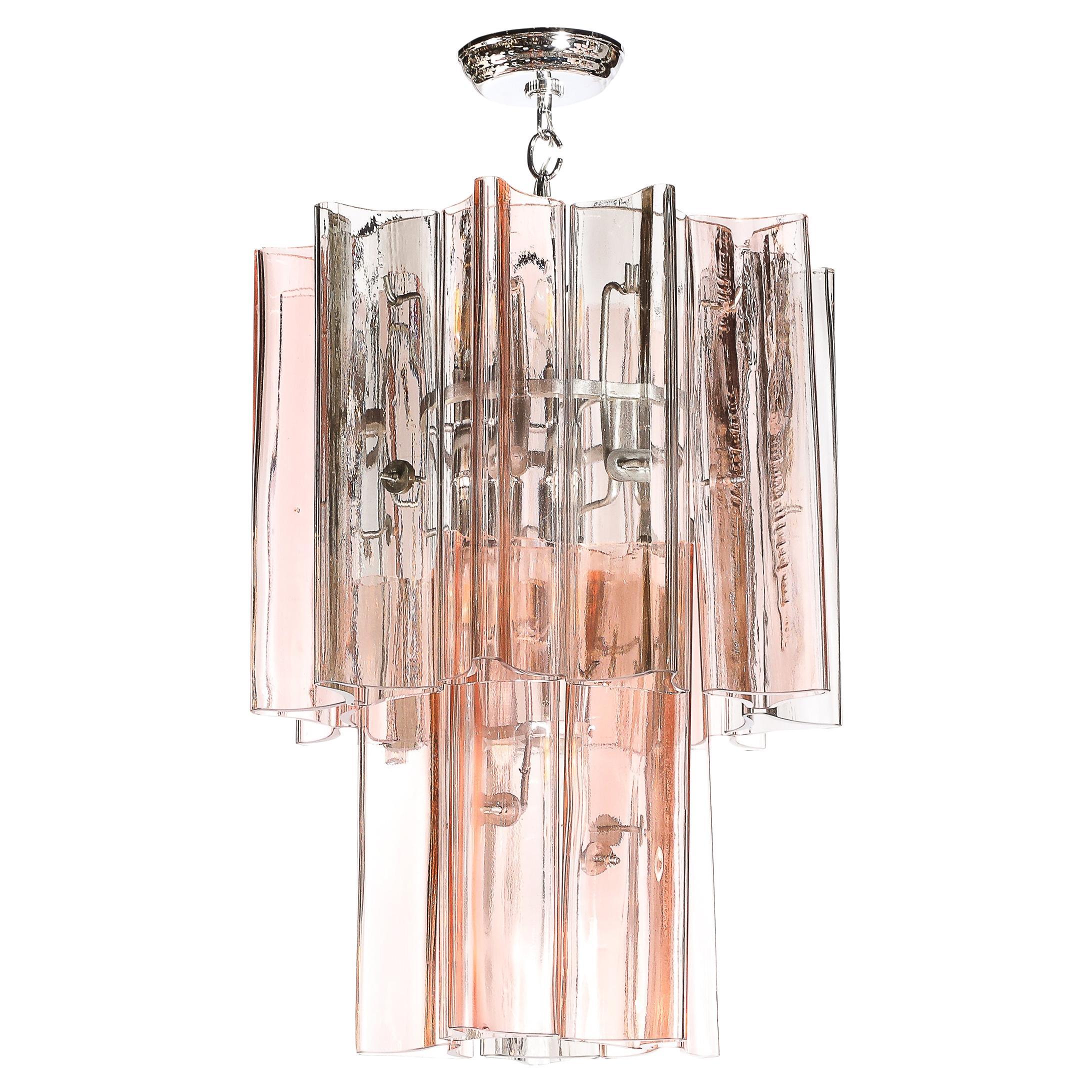 Rare Mid-Century Hand-Blown Smoked & Rose Murano Glass 2-Tier Pendant Chandelier