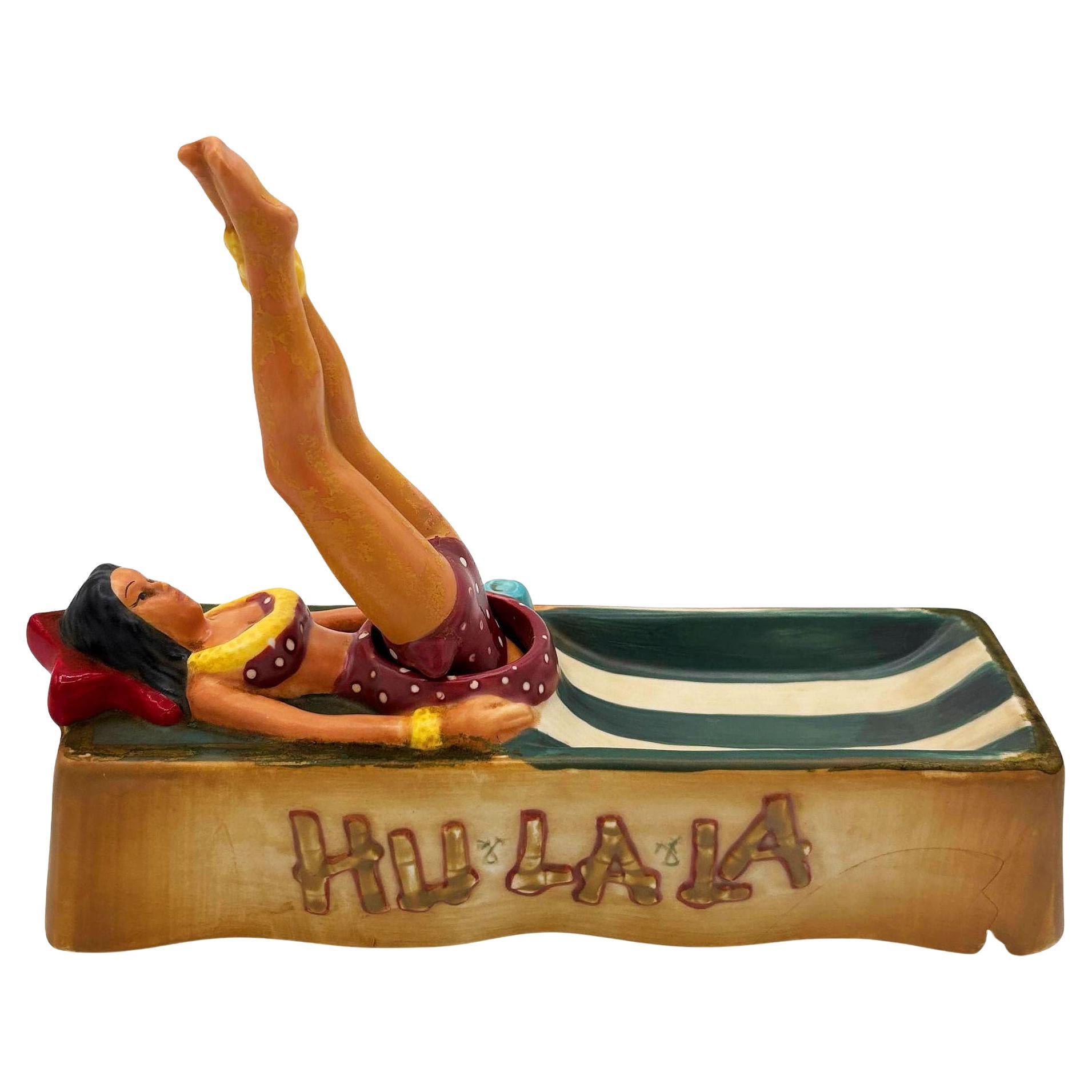 Seltene Mitte des Jahrhunderts Hand gemalt "Hu La La" Hula Girl Hawaiian Keramik Aschenbecher