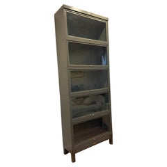 Rare Mid century industrial steel barrister fireproof bookcase gray glass tall