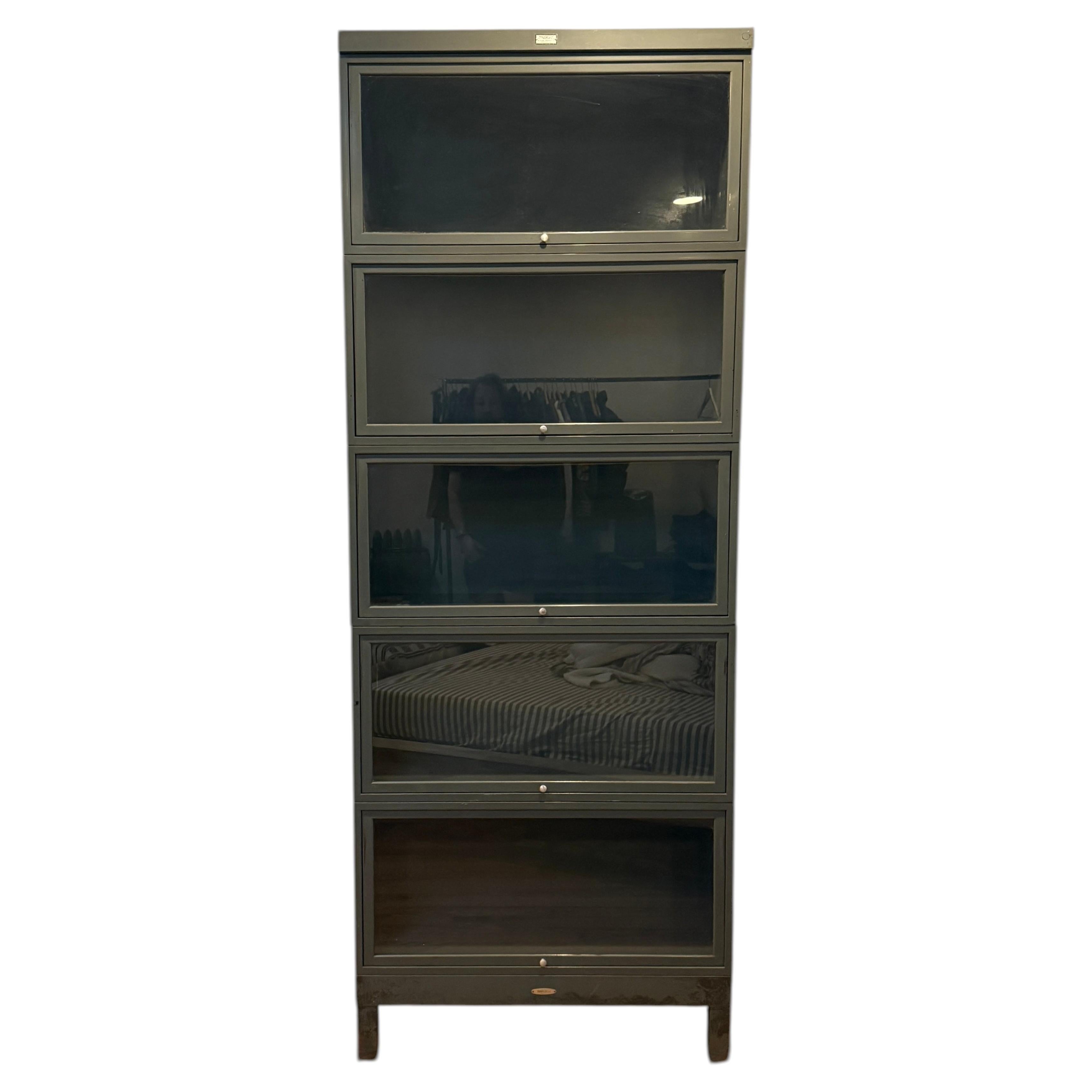 Rare Mid century industrial steel barrister fireproof bookcase gray glass tall