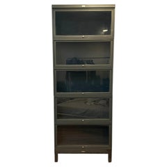 Rare Mid century industrial steel barrister fireproof bookcase gray glass tall