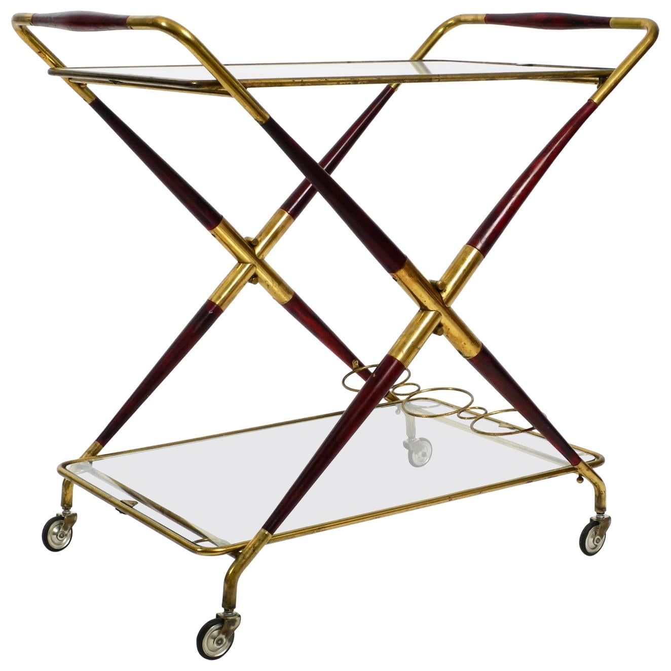 Rare Midcentury Italian Folding Brass and Glass Serving Trolley by Cesare Lacca