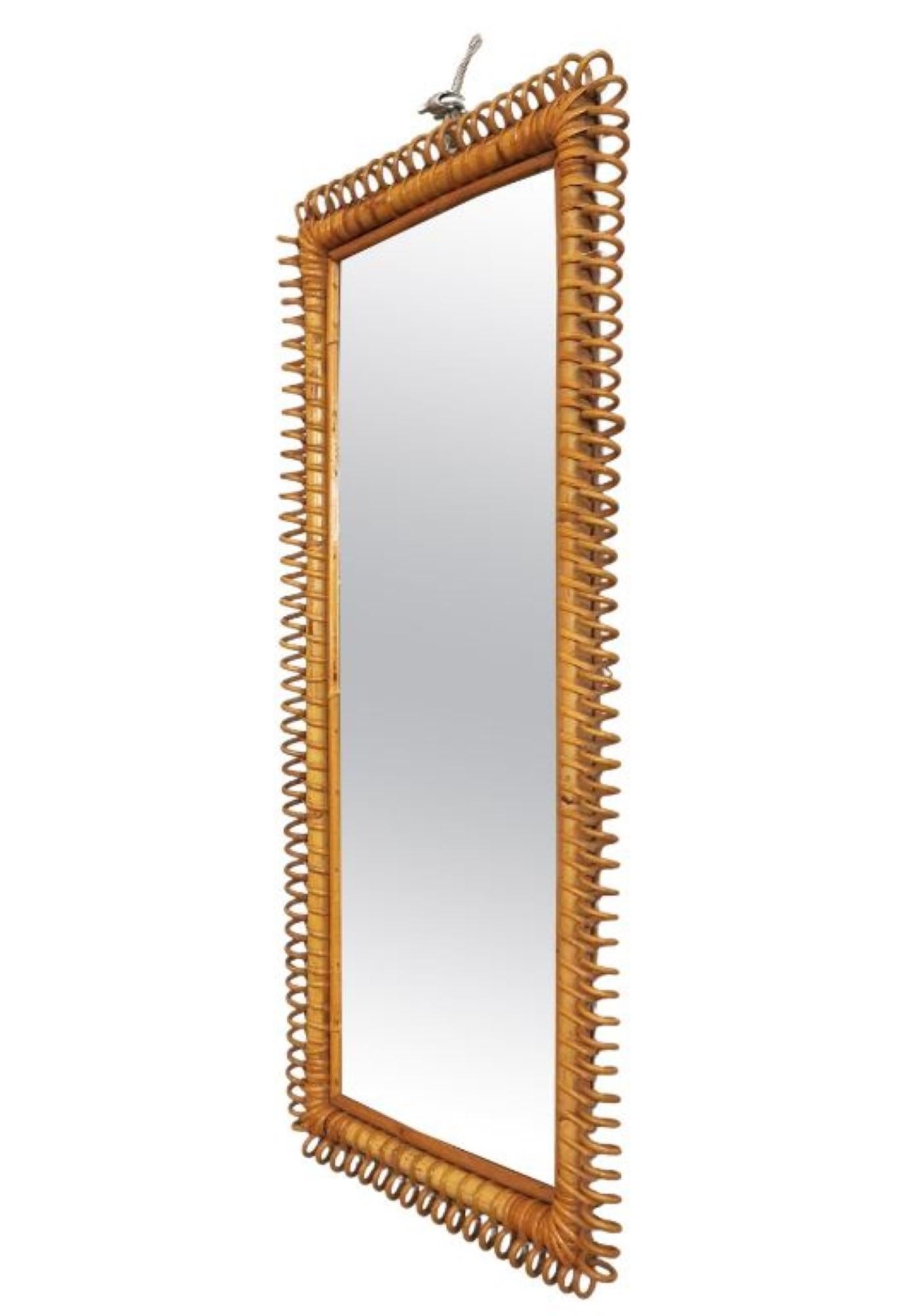 Lacquered Rare Midcentury Italian Rattan Bamboo Wall Mirror Franco Albini, Italian, 1960s