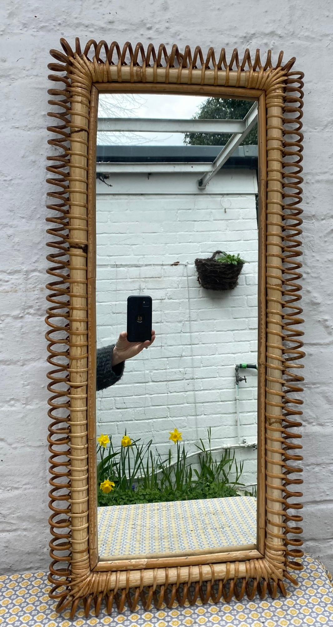 Rare Midcentury Italian Rattan Bamboo Wall Mirror Franco Albini, Italian, 1960s In Good Condition In Richmond, Surrey