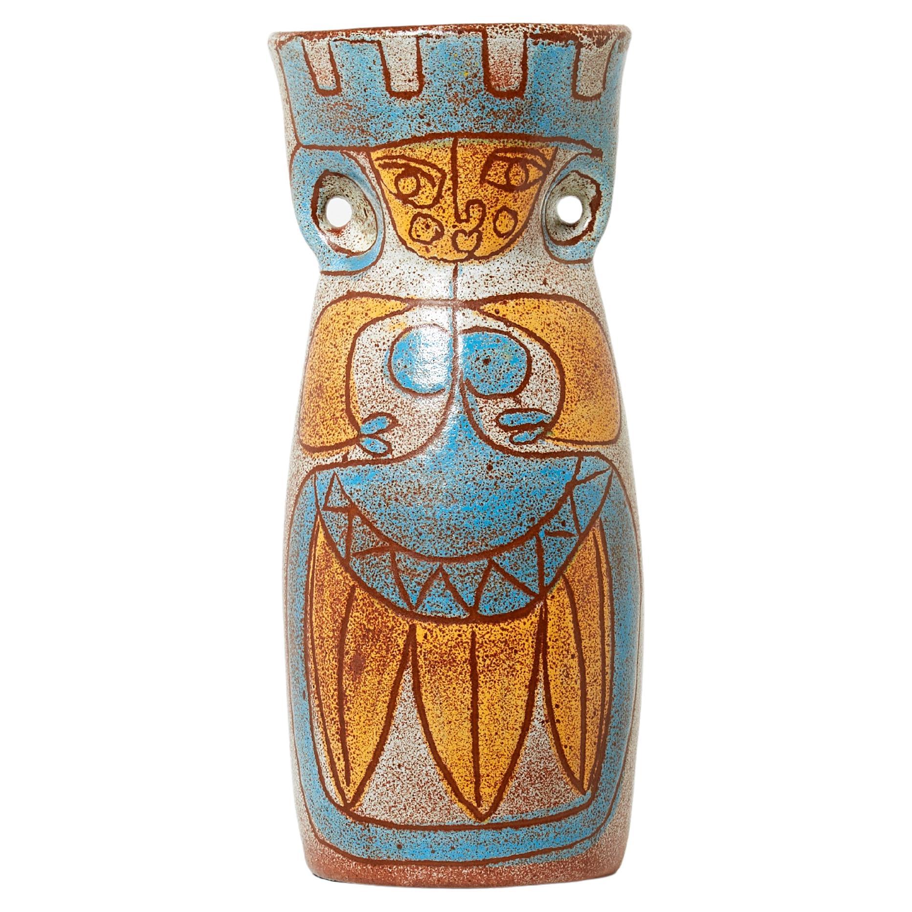 Rare Mid-Century Large French Accolay Ceramic TOTEM Vase, 1950s For Sale
