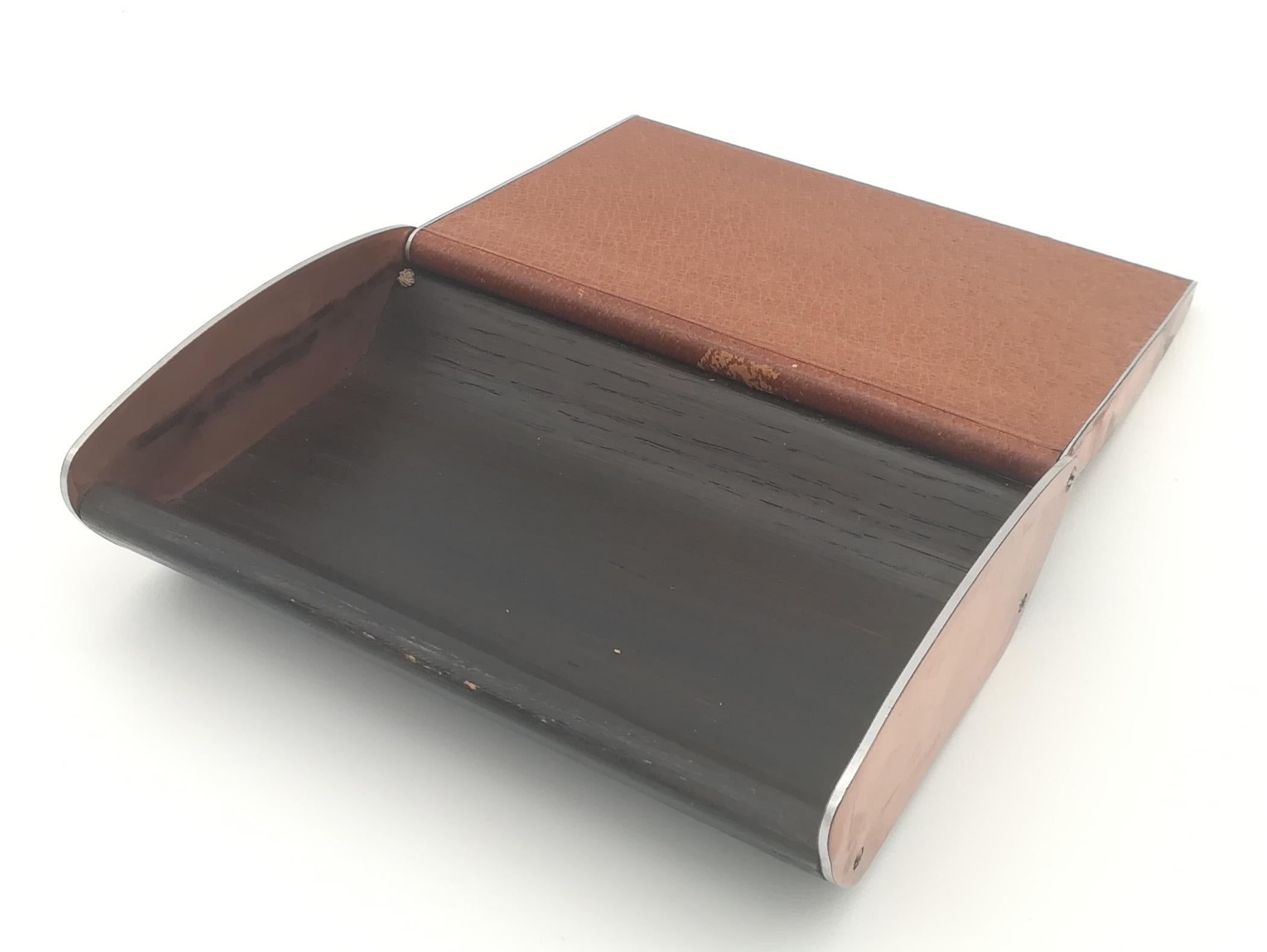 Mid-Century Modern Rare Mid-Century Leather, Oak Wood and Aluminum Cigarette Box by Carl Auböck For Sale