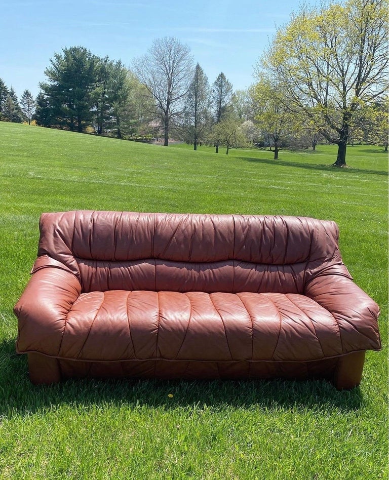 Rare Mid Century Leather Sofa in the Style of De Sede with Patchwork