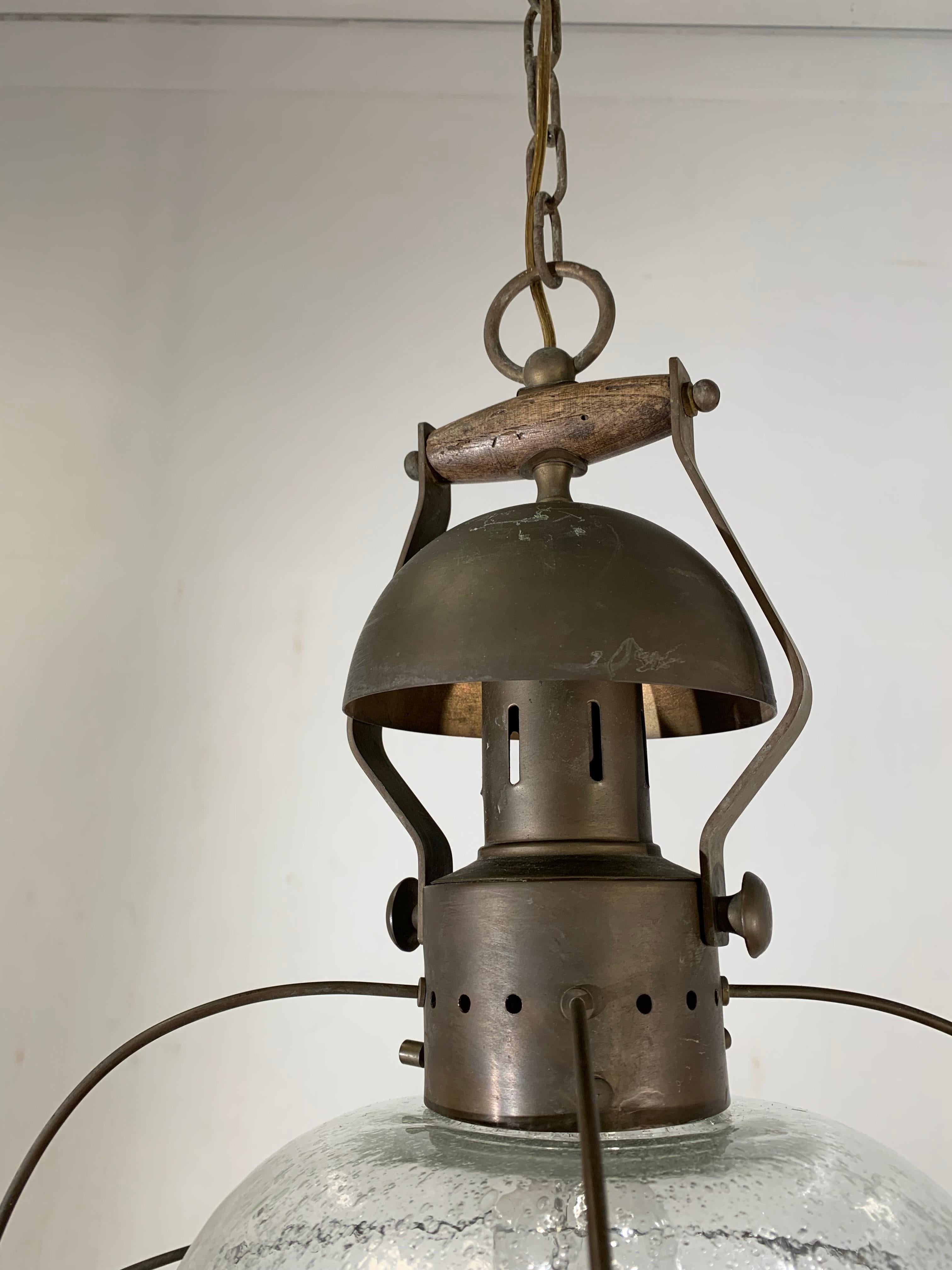 Rare, Midcentury Made Brass and Glass Ship Pendant Light / Storm Lantern Design 1