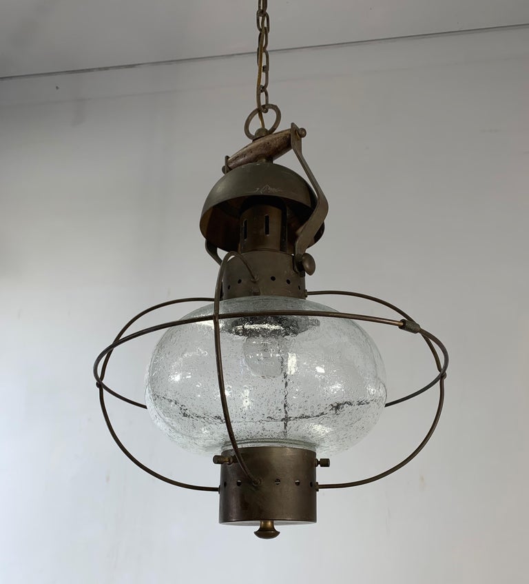 Rare, Midcentury Made Brass and Glass Ship Pendant Light / Storm