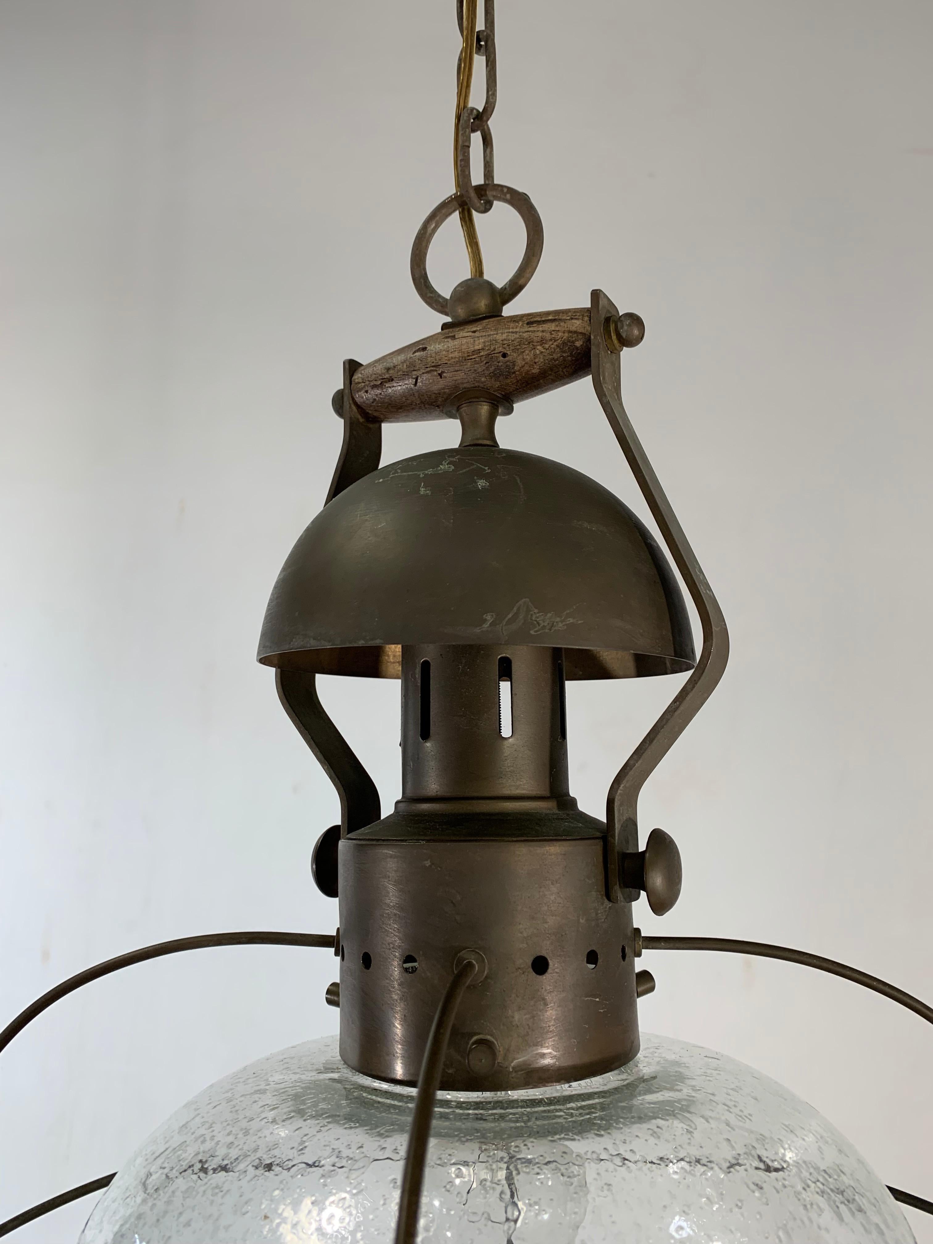 Rare, Midcentury Made Brass and Glass Ship Pendant Light / Storm Lantern Design 5