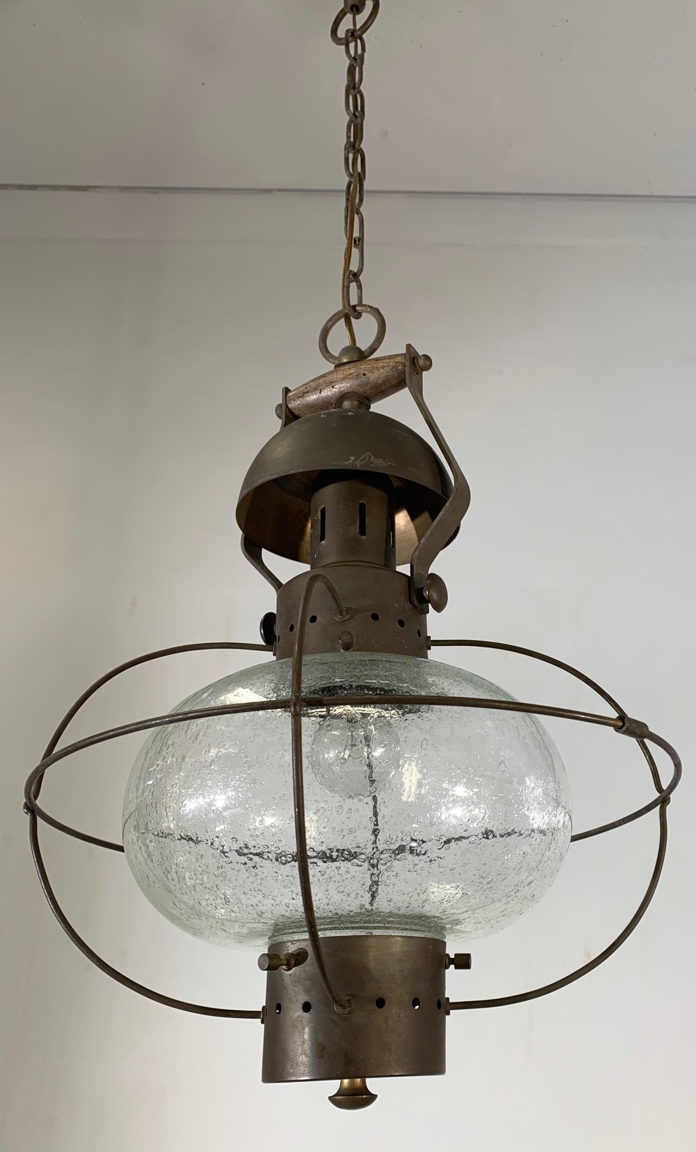 Rare, Midcentury Made Brass and Glass Ship Pendant Light / Storm Lantern Design 6