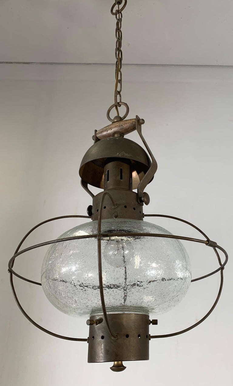 Rare, Midcentury Made Brass and Glass Ship Pendant Light / Storm