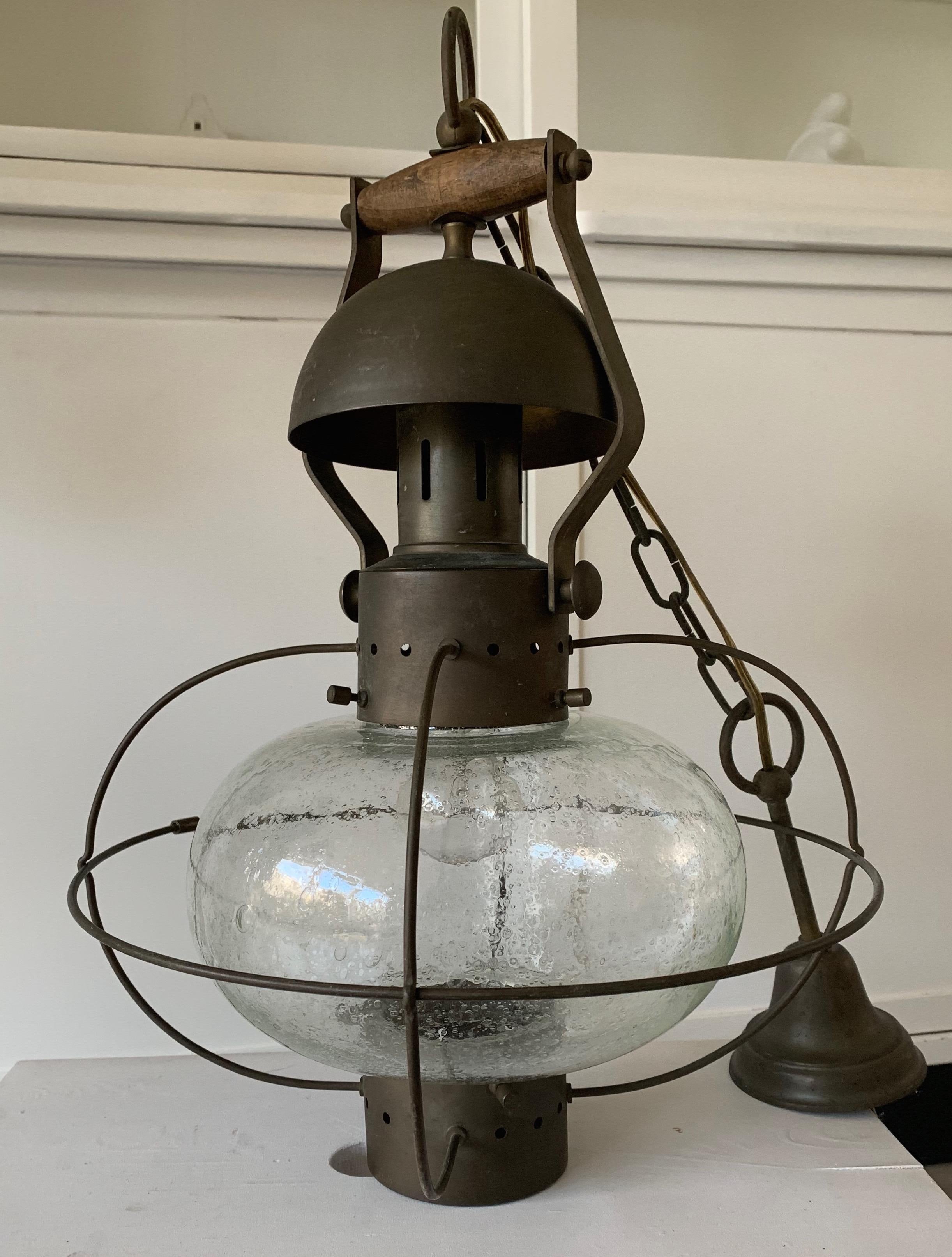 Rare, Midcentury Made Brass and Glass Ship Pendant Light / Storm Lantern Design 7