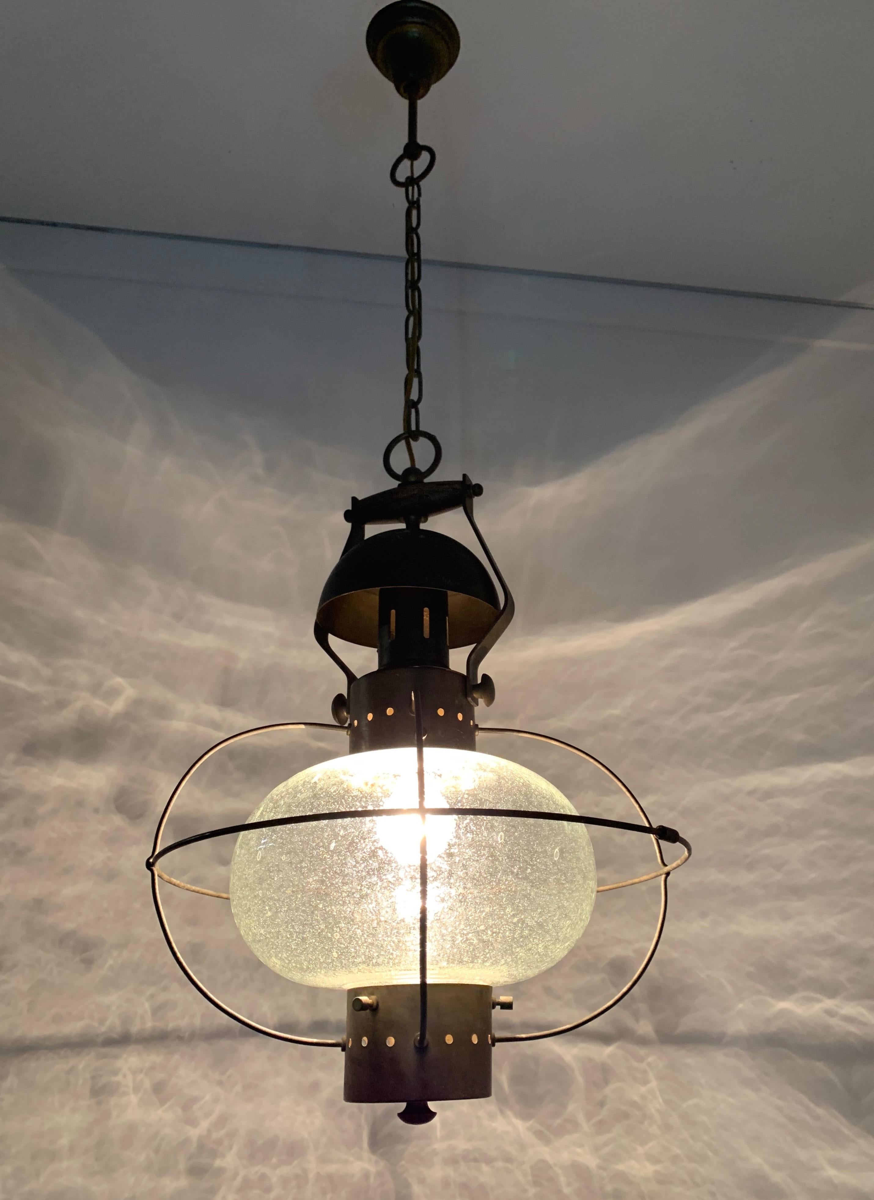 Mid-Century Modern Rare, Midcentury Made Brass and Glass Ship Pendant Light / Storm Lantern Design