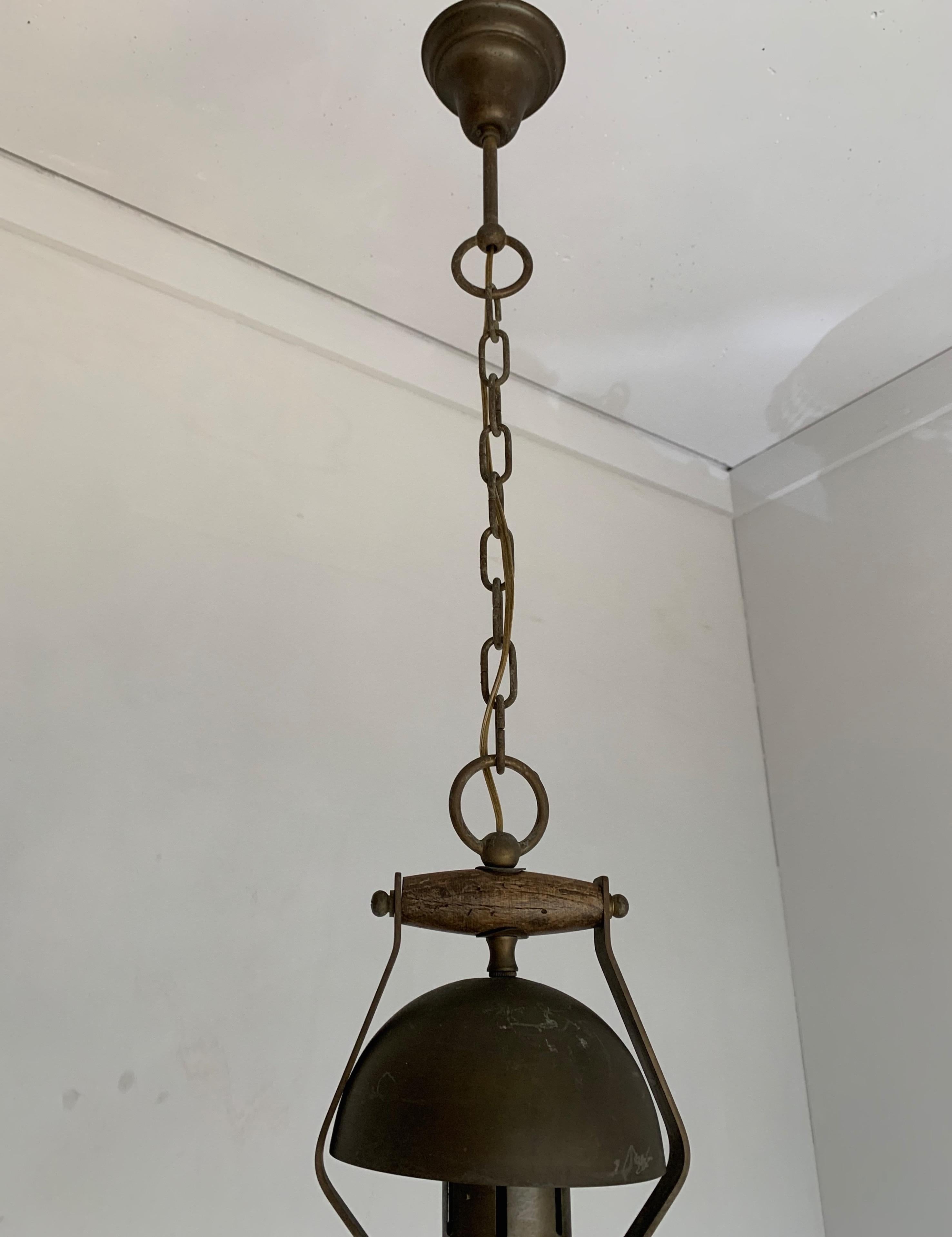 Hand-Crafted Rare, Midcentury Made Brass and Glass Ship Pendant Light / Storm Lantern Design