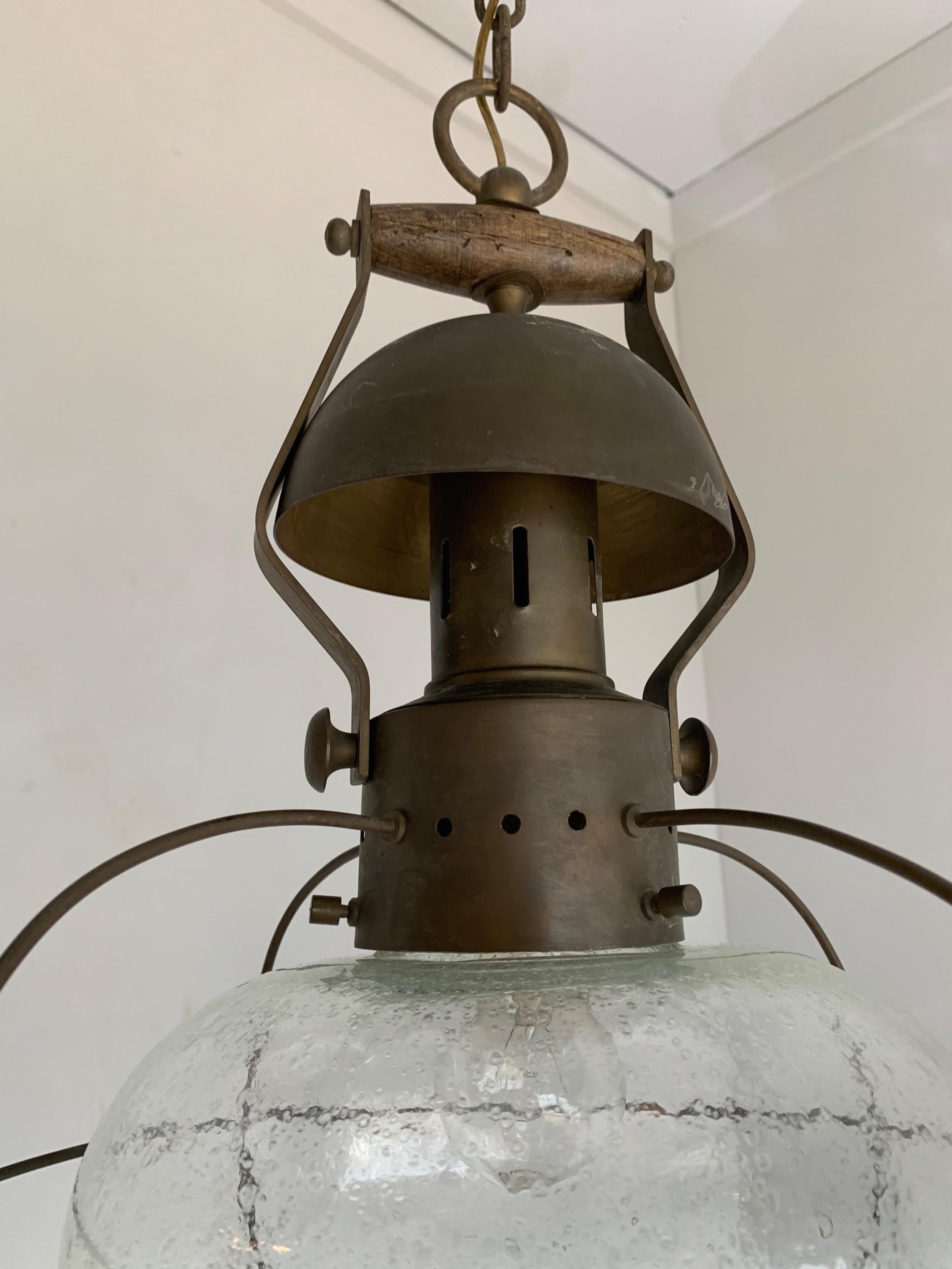 Rare, Midcentury Made Brass and Glass Ship Pendant Light / Storm Lantern Design In Good Condition In Lisse, NL