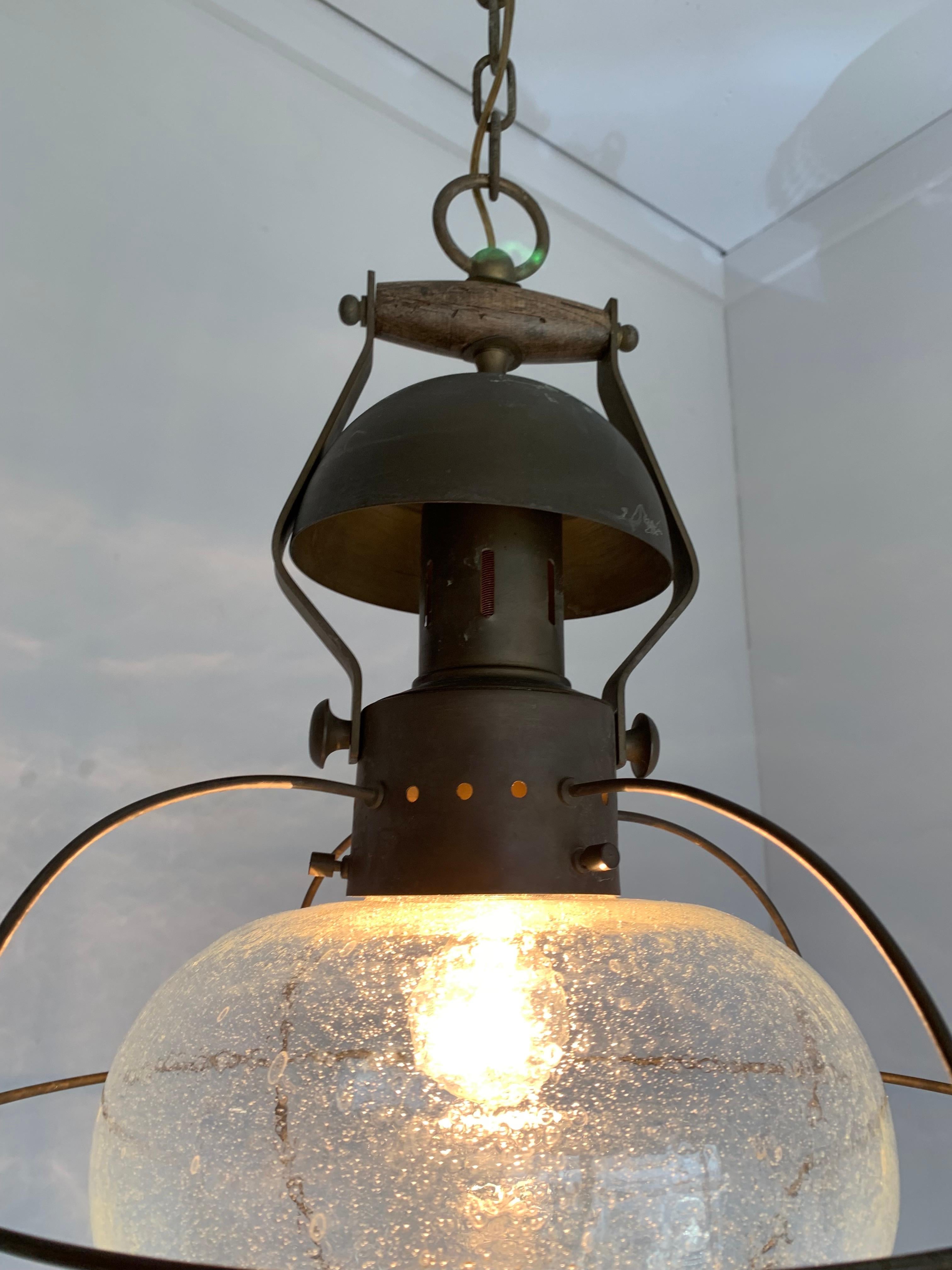 20th Century Rare, Midcentury Made Brass and Glass Ship Pendant Light / Storm Lantern Design