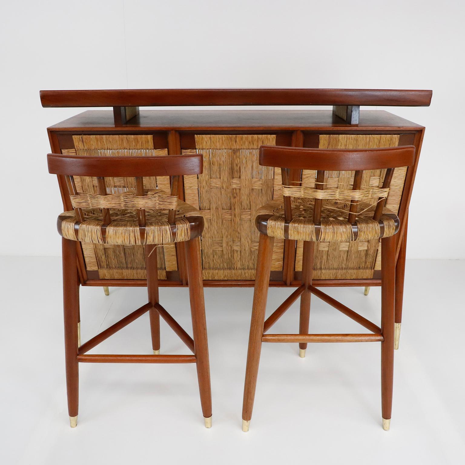 Mid-Century Modern Rare Mid Century Mexican Woven Bar and Stools Set, Attributed to Edmund Spence For Sale