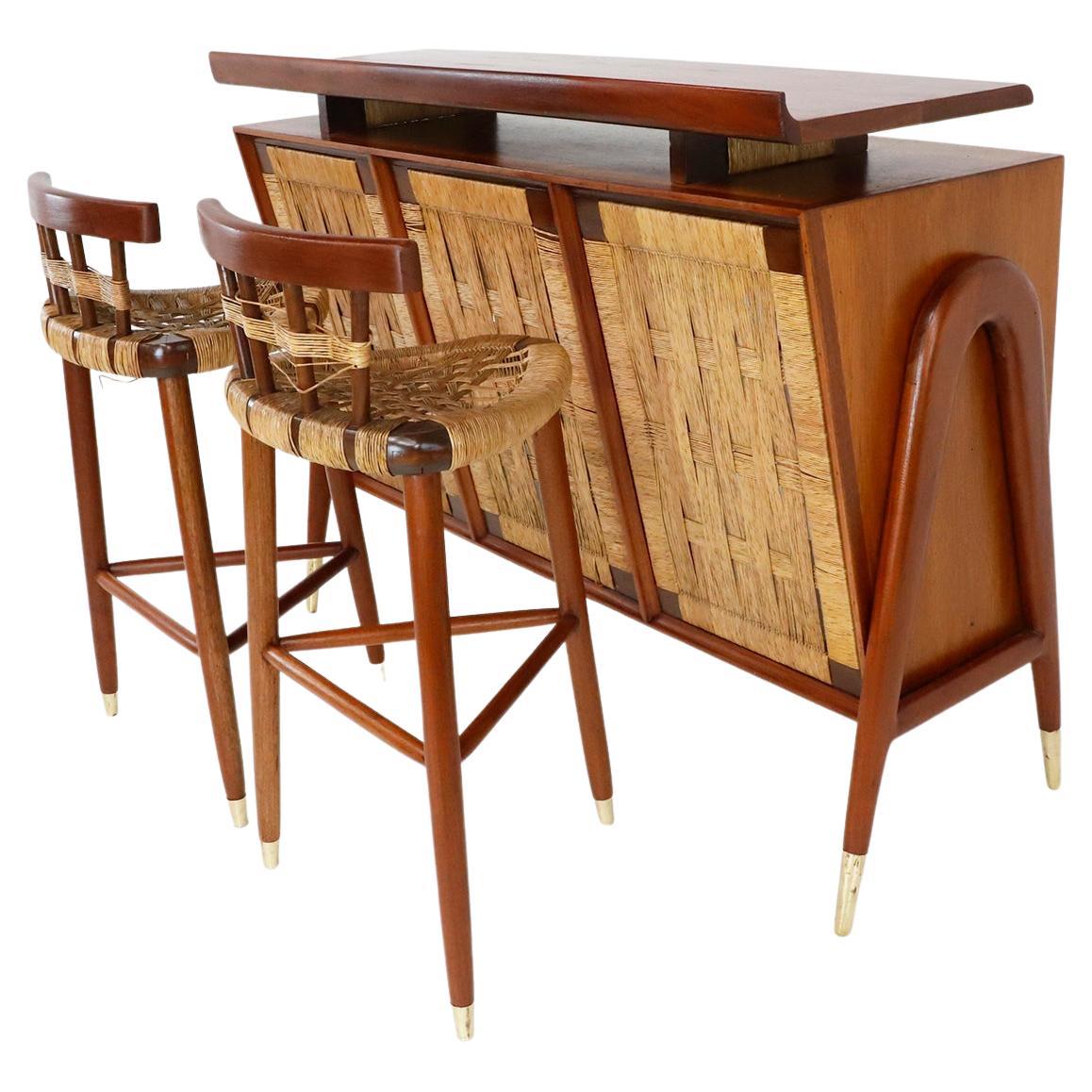 Rare Mid Century Mexican Woven Bar and Stools Set, Attributed to Edmund Spence For Sale