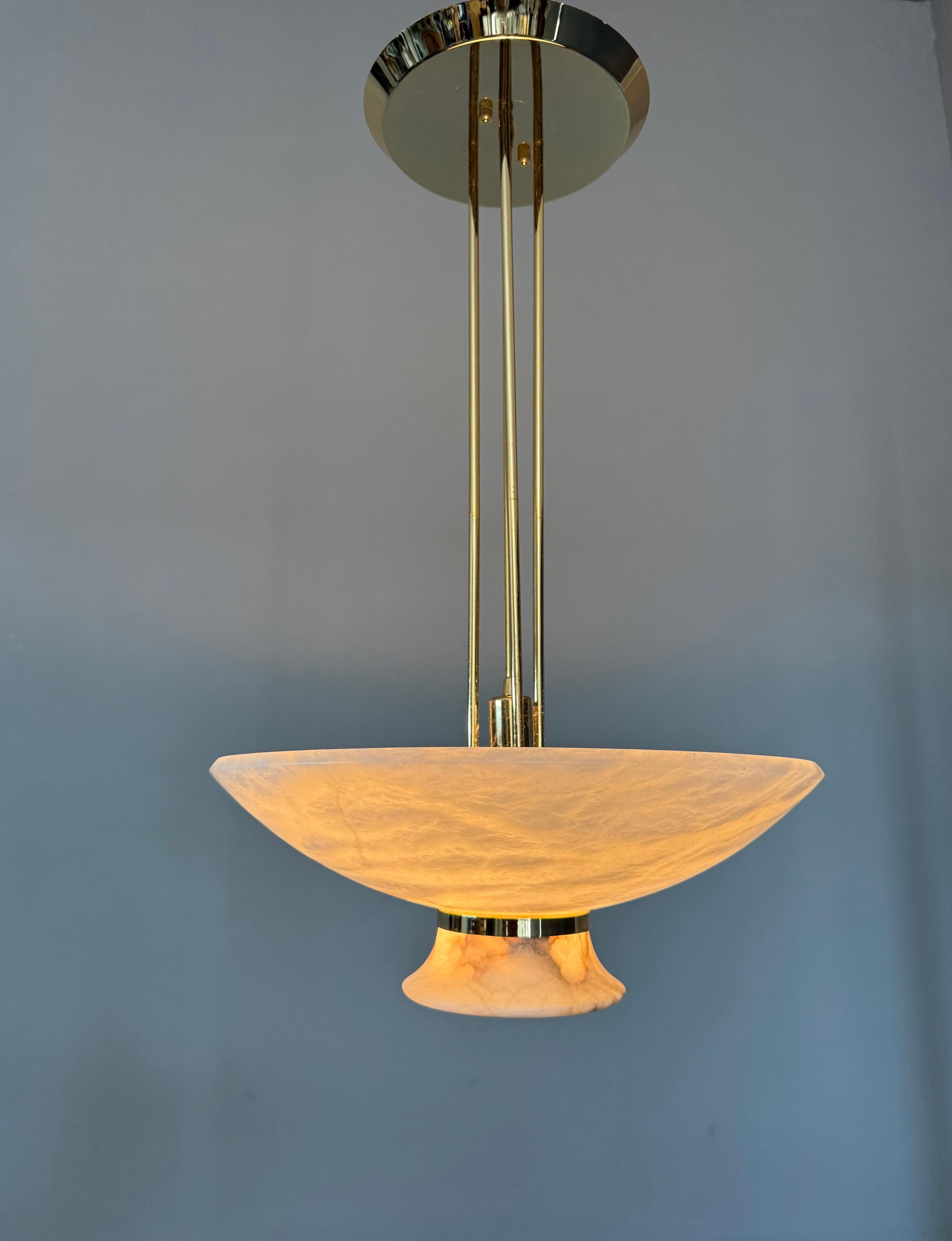 Rare Mid-Century Modern Alabaster Pendant Light with Brass Detail, Italy, 1970s For Sale 4