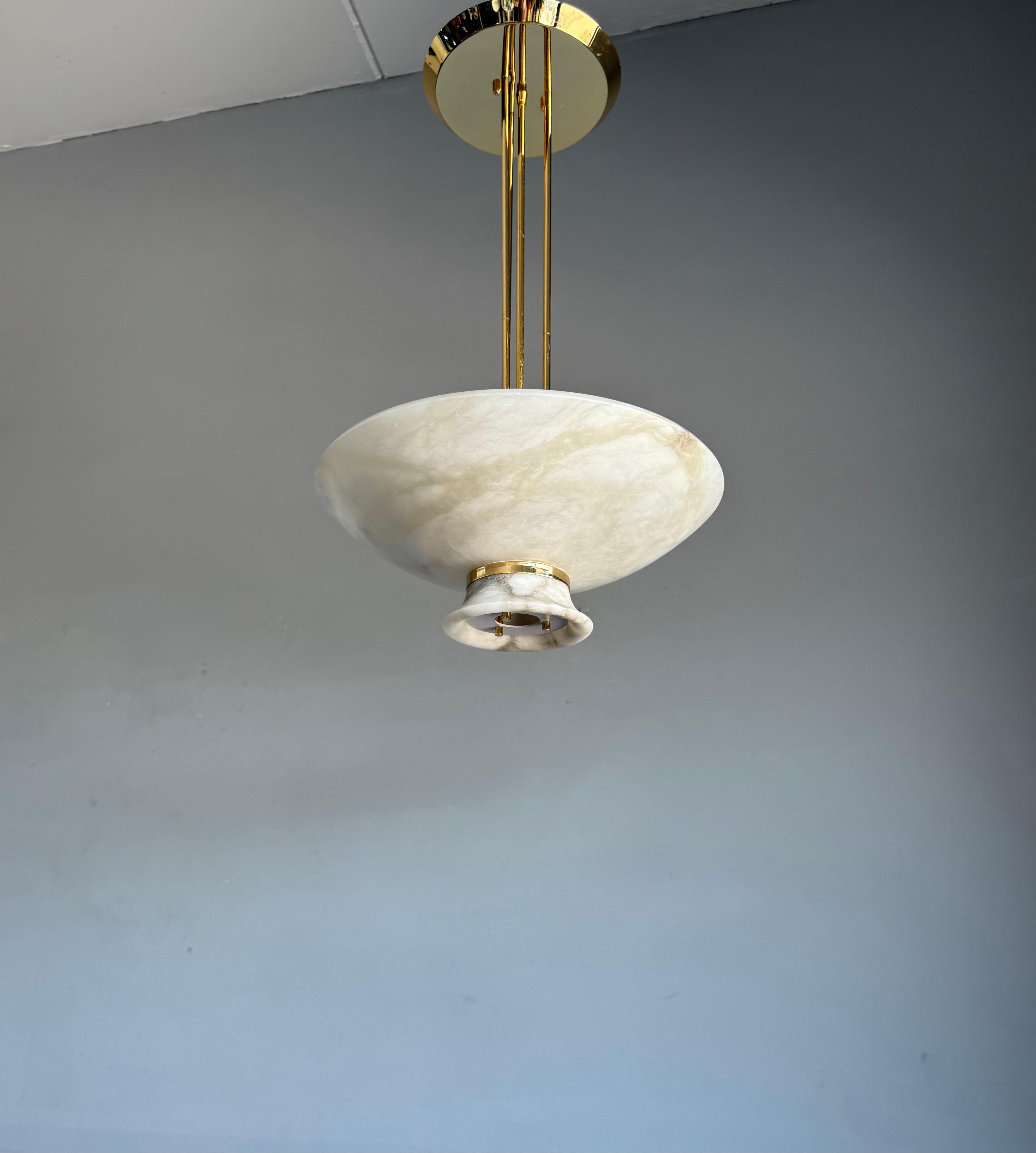 Rare Mid-Century Modern Alabaster Pendant Light with Brass Detail, Italy, 1970s For Sale 12