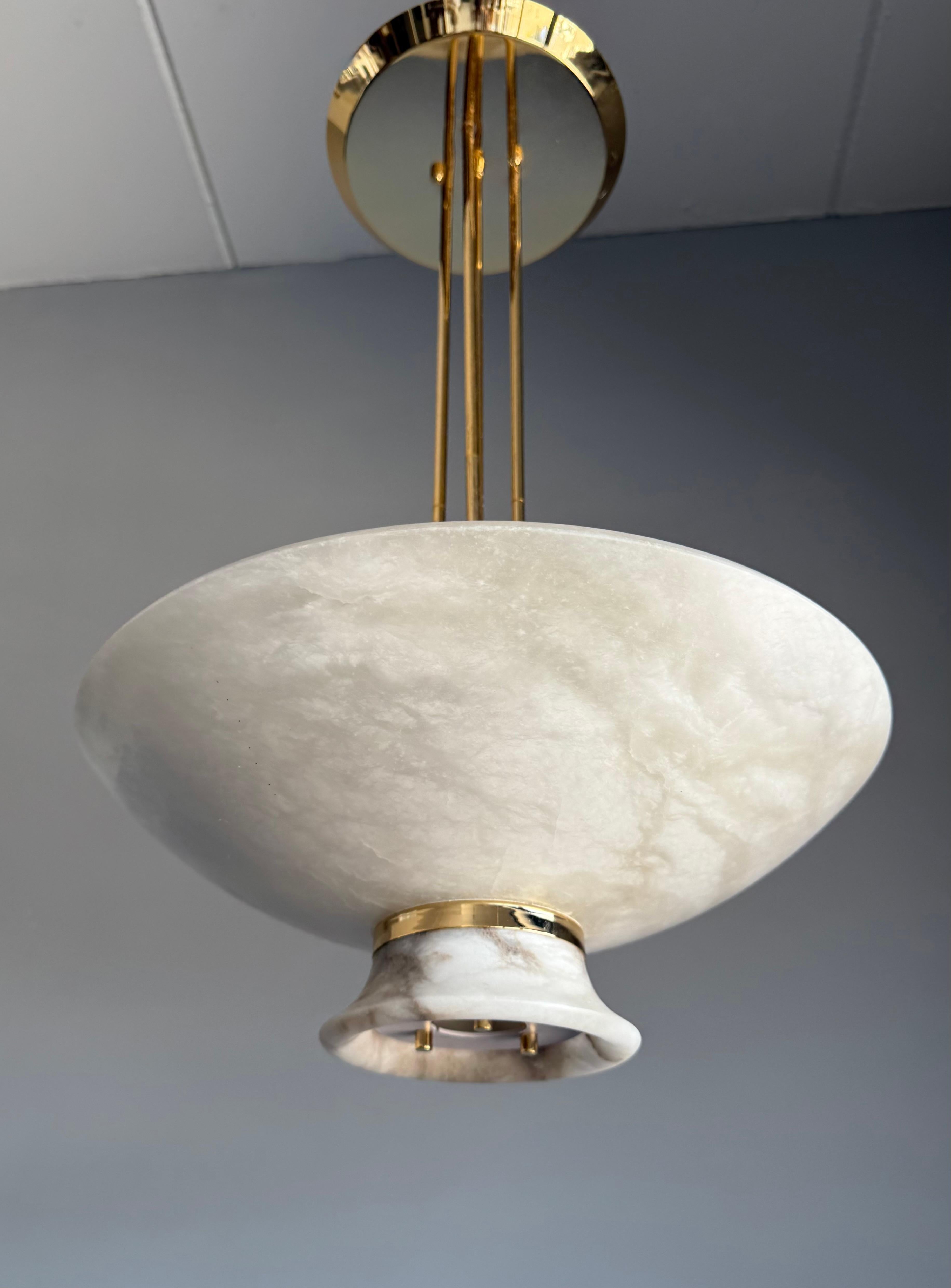 20th Century Rare Mid-Century Modern Alabaster Pendant Light with Brass Detail, Italy, 1970s For Sale