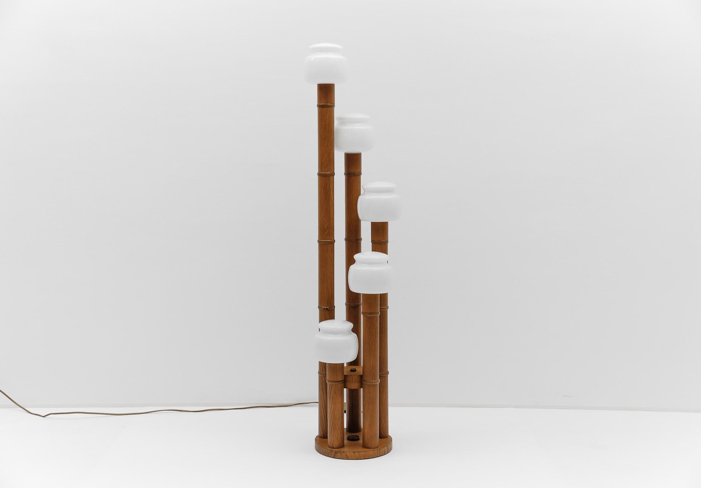 Rare Mid-Century Modern Bamboo Floor Lamp with Five Opal Glass Shades, 1960s For Sale 9