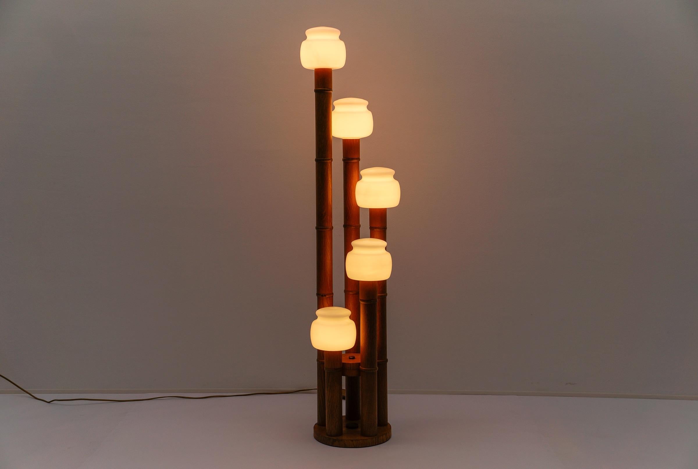 Swiss Rare Mid-Century Modern Bamboo Floor Lamp with Five Opal Glass Shades, 1960s For Sale