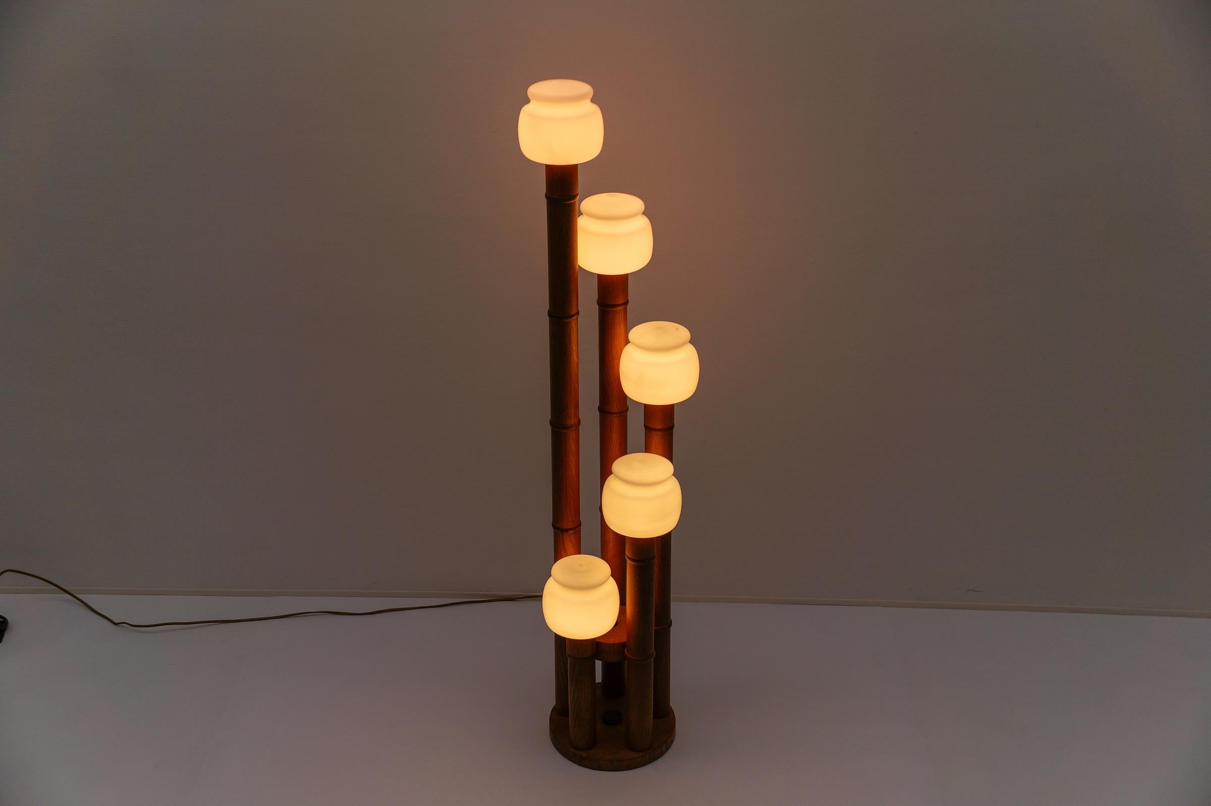 Mid-20th Century Rare Mid-Century Modern Bamboo Floor Lamp with Five Opal Glass Shades, 1960s For Sale