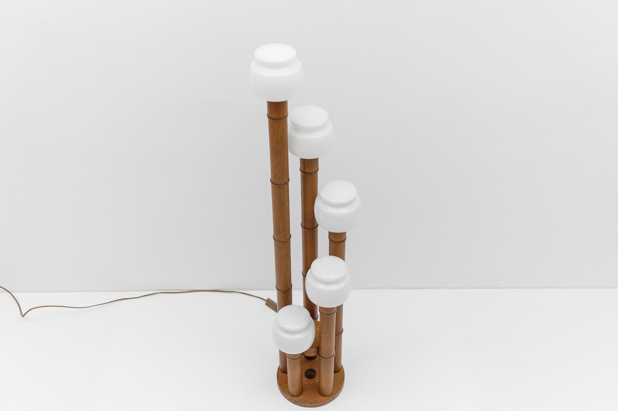 Metal Rare Mid-Century Modern Bamboo Floor Lamp with Five Opal Glass Shades, 1960s For Sale
