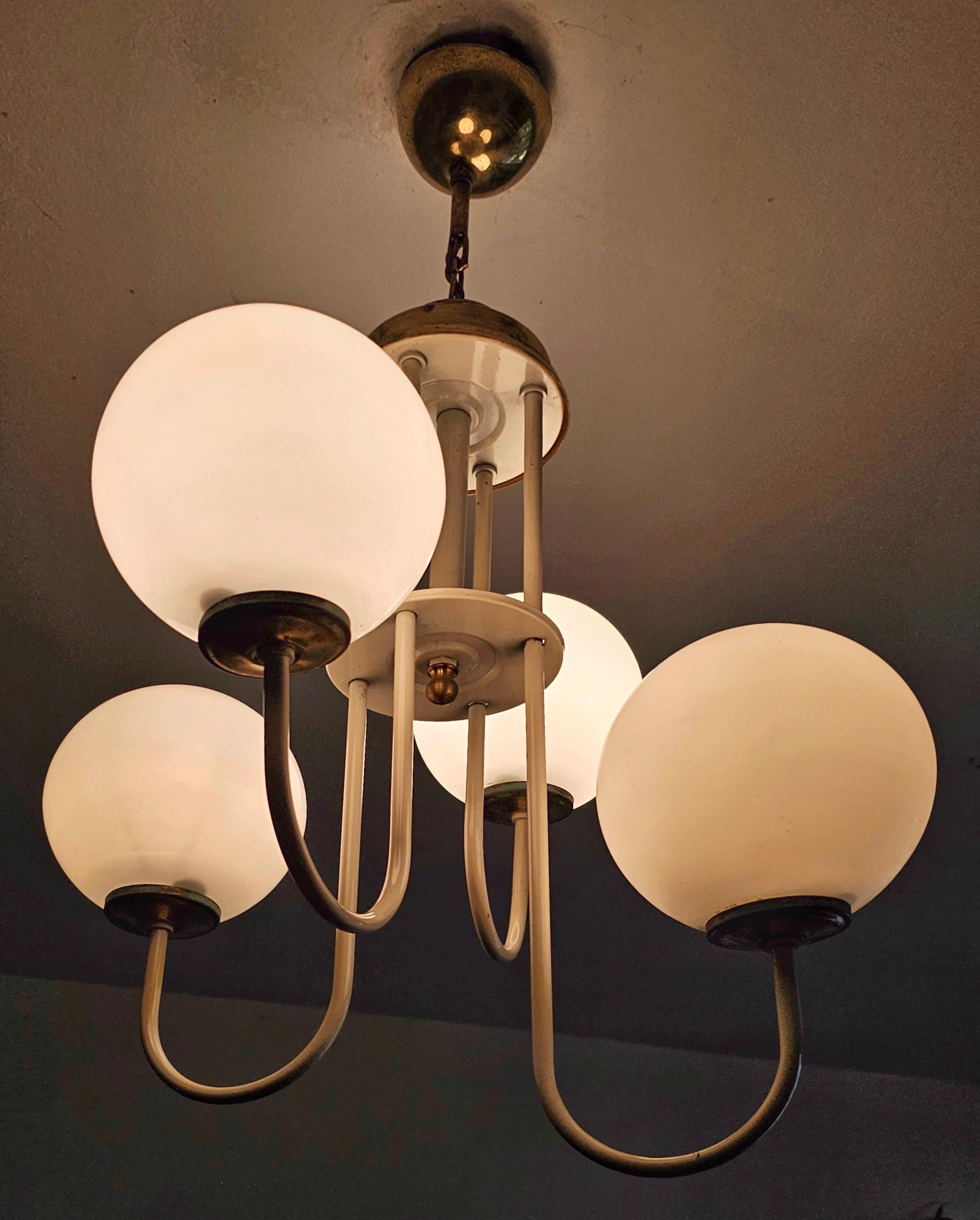 Italian Rare Mid Century Modern Chandelier with Opaline Glass Balls, Italy 1960s For Sale