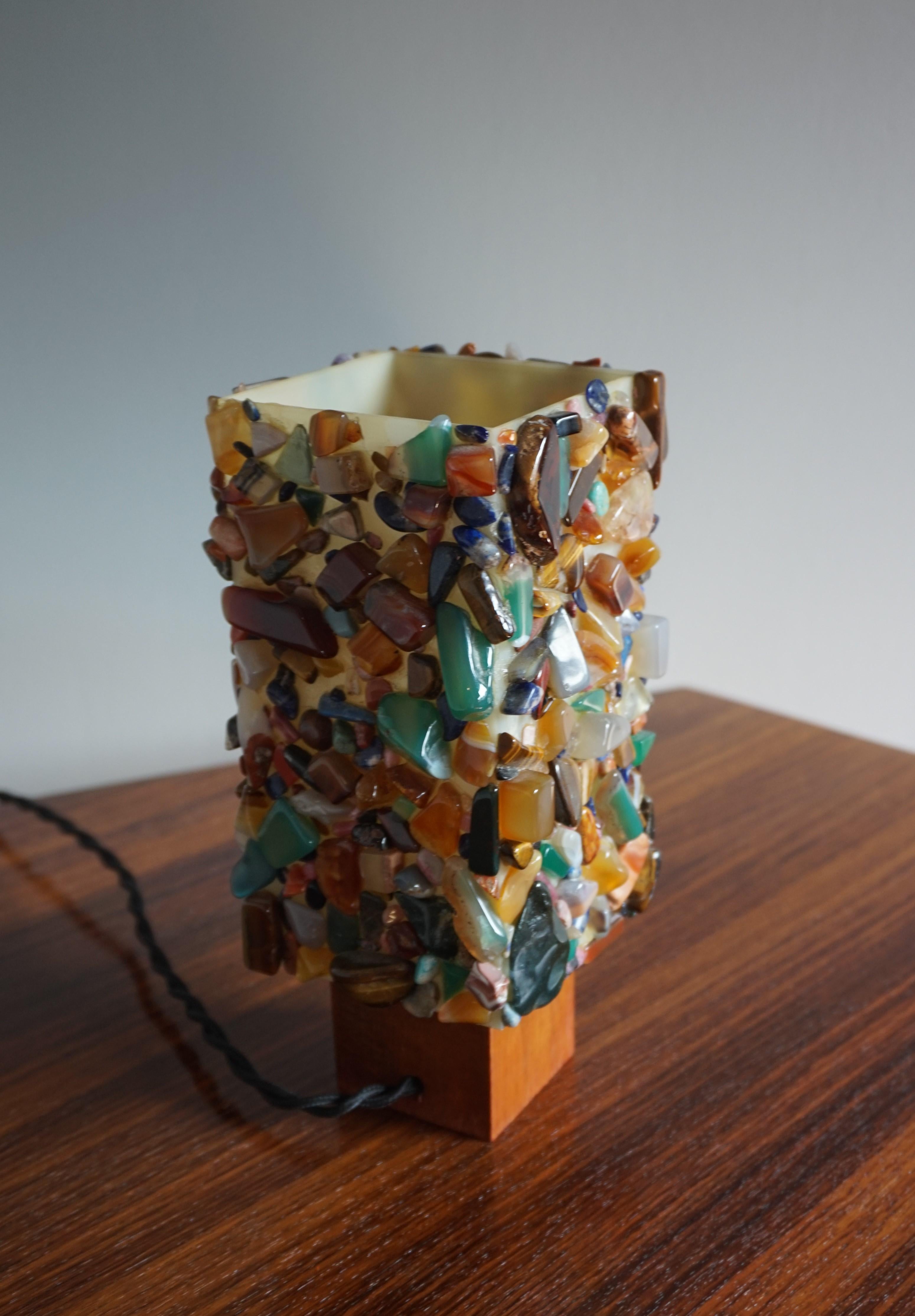 Hand-Crafted Rare Mid-Century Modern Colorful Agate Mineral Stone Table Lamp w/ Mahogany Base