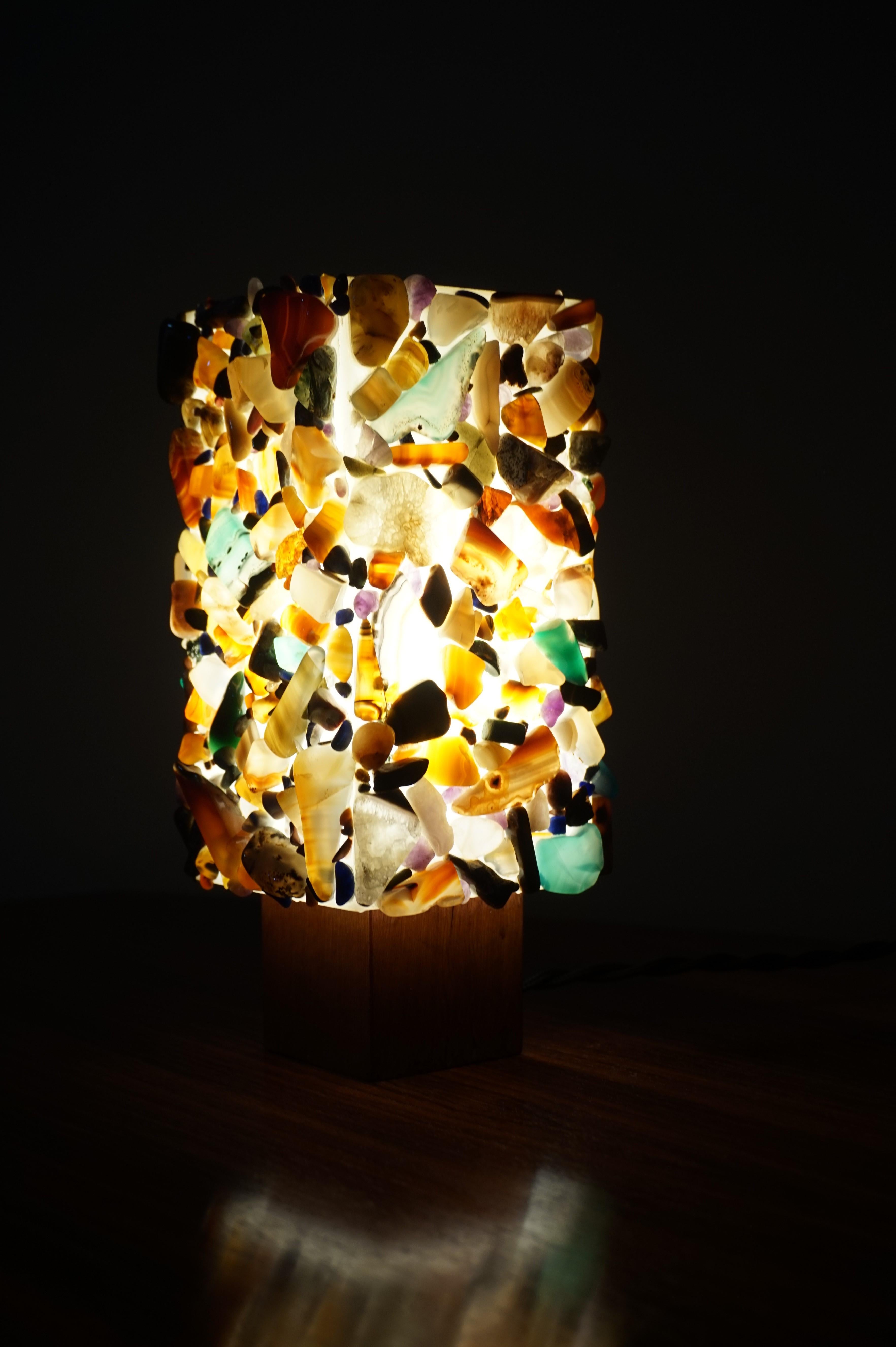 Rare Mid-Century Modern Colorful Agate Mineral Stone Table Lamp w/ Mahogany Base 3