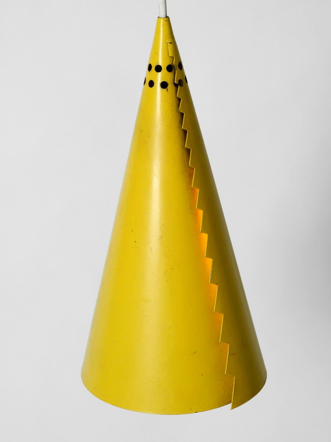 European Rare Mid-Century Modern Cone Shaped Pendant Lamp Made of Sheet Steel in Yellow For Sale