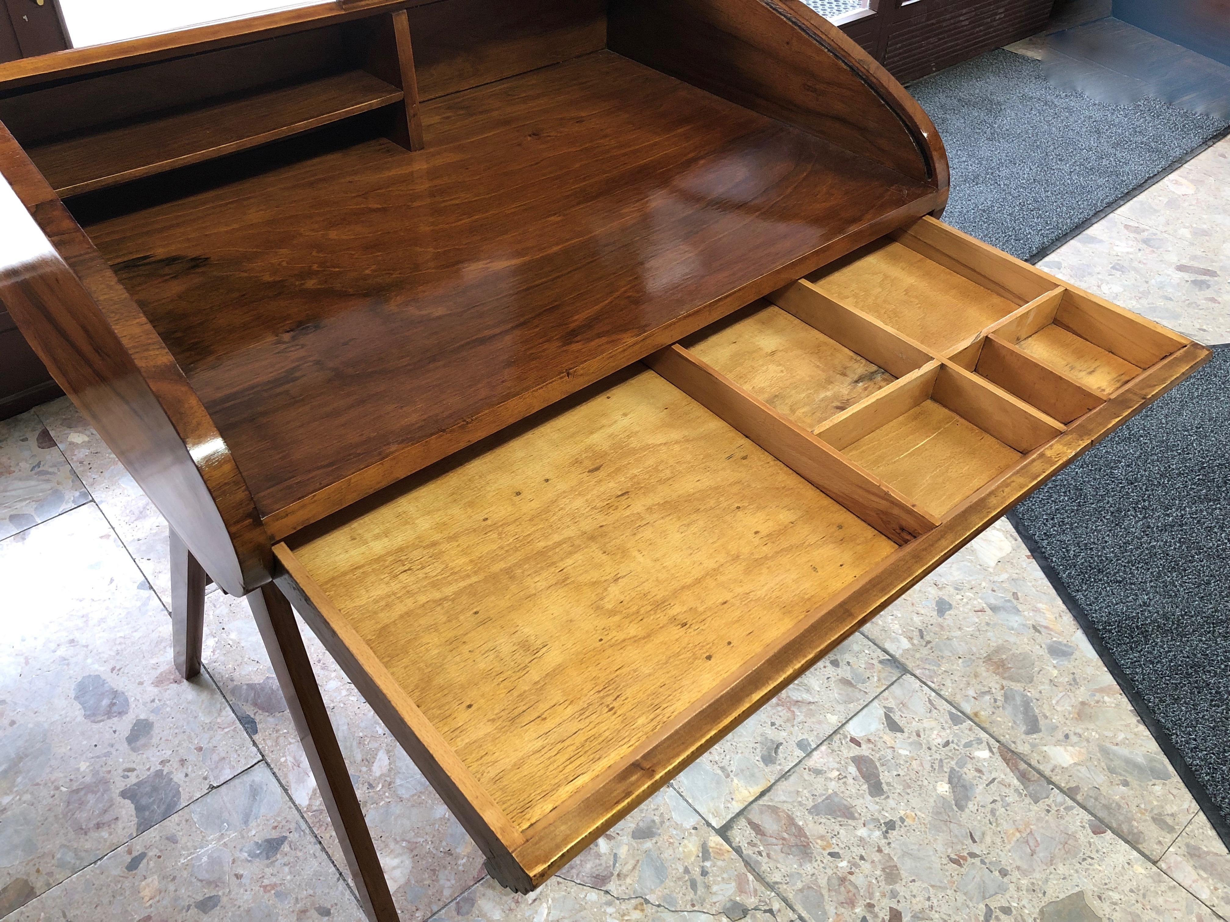 Rare Mid-Century Modern Desk with Roll-Top, Walnut Veneer, 1950s, Fully Restored 2