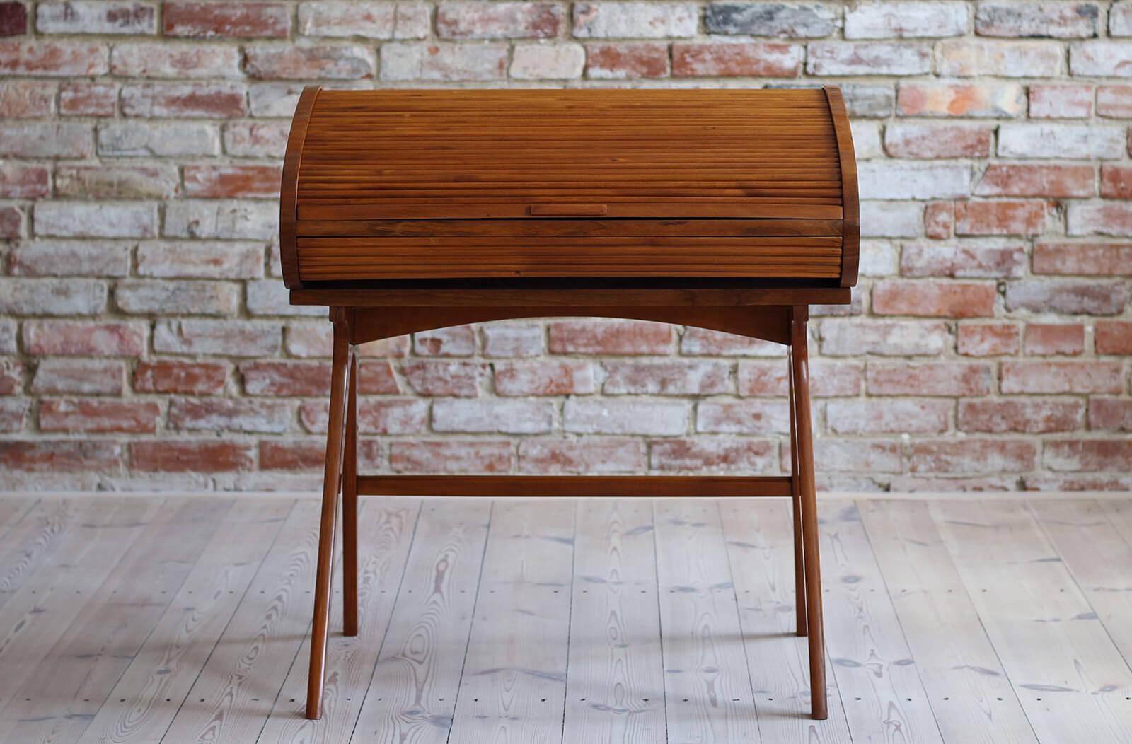 Mid-Century Desk with Roll-Top, Walnut Veneer, 1950s, Fully Restored 5